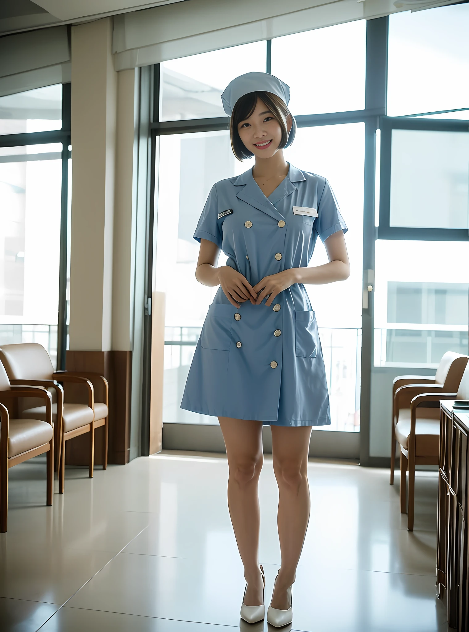 ((最佳质量, 16k, high-definition,nmasterpiece:1.3)), Young beautiful nurse,Cinematography,shooting full body:1.8, 2 beauties with perfect figures:1.2, Melon seed face:1.2,Small head:1.2,skinny waist:1.2,Slim:1.2, (( Stylish short hair,Air bangs:1.5,Medium breasts and beautiful breasts:1.2)), (Long white nurse's uniform with buttons:1.5,The nurse's uniform is super realistic and detailed:1.2,white nurse hat:1.2) , (Peaceful outpatient hall:1.3), Fair and crystal clear skin:1.5,Perfect white thighs:1.2,Fair and rounded calves:1.2,White tender toes:1.2),Fashion brand stiletto heels:1.2,Highly detailed facial and skin texture, detailed eye, 双眼皮,Whitens glowing skin,Smiled:1.2,happiness:1.2,Baring teeth,Baring tongue,(The eye,Gloss on lips,pores,super detaill,Faces are super realistic and detailed),Wide lighting,naturalshading,Stand dignified:1.2,Shoot from the back,Displayed from the back,Show the perfect waist and hips wrapped in a nurse's uniform,shooting full body:1.8