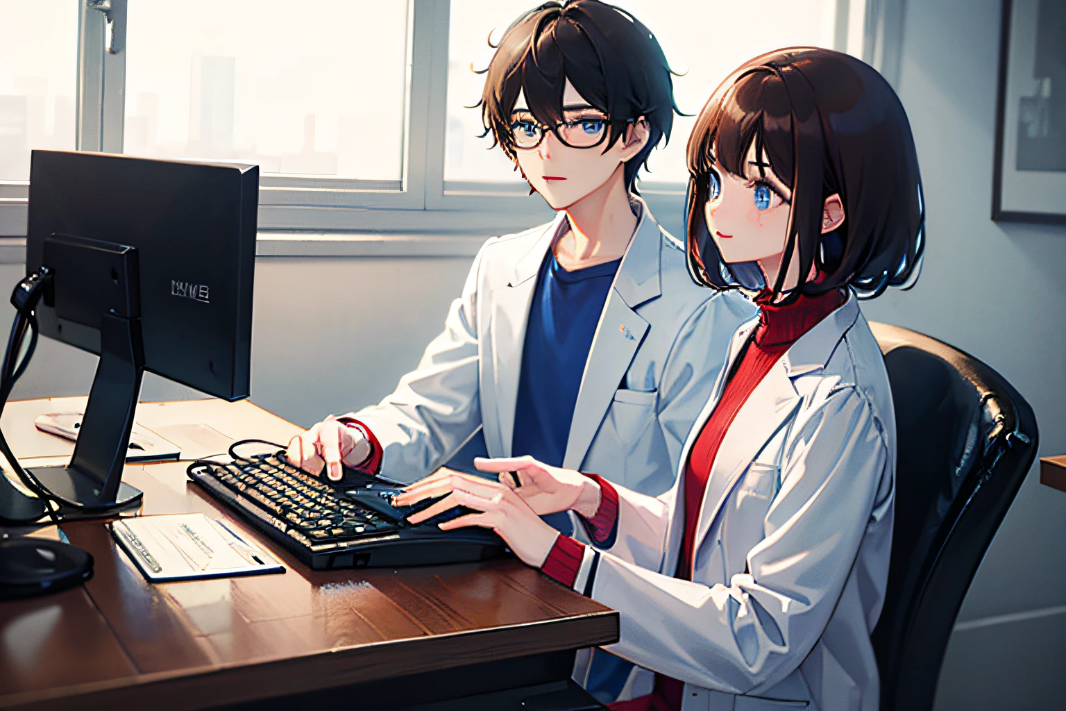 nmasterpiece， Top quality， brown  hair， 1girls， beautifuleyes， labcoat， 1boys， Sits， Blue T-shirt， Computer， sitted， short-cut hair， nerds， telephone， ly， black  hair， blue eyed， eye glass， box， cellular phone， Hold， Male college student， chairs， ly， inside room， White scheme， The Perfect Hand， holding pen
