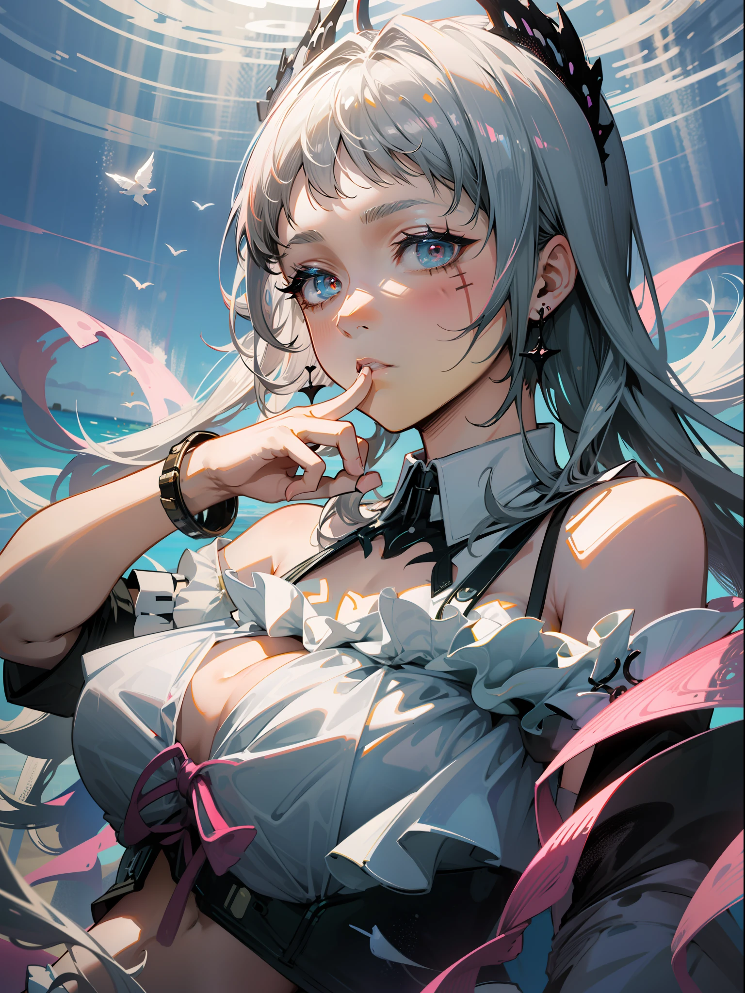 Character CG, HD CG, Advanced rendering, whitehair, Bracelet, the ring, Wristbands, Lolita swimsuit, frils, lacing, Gothic style, Bare shoulders, Put your hand to your mouth, dynamic angle, Water magic, beachside, sandbeach, Cinematic lighting, partially underwater shot, High detail, Chiaroscuro, ultra high def, Textured skin, Super detail, Best quality, 巨作, ccurate, High details, Anatomically correct, High quality