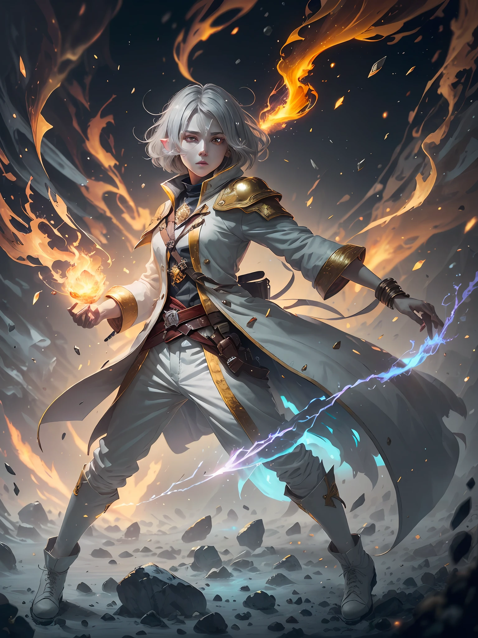 Digital Ilustration, Anime style, Woman, ((elf)), 1girl, beautiful, (tired, sad):1.4),(grey hair, bob cut, ((fine facial features)),),(white outfit, red outfit accents, assasin-style outfit, military coat, pants, boots),(glowing yellow eyes:1.2),elemental mage engulfed in blue flames and yellow lightning, chromatic chaos, gold and ice tones, depth of field, beautiful, highly detailed, hyperrealistic, cinematic lighting, clear, space background, cinematic lighting soft, (backlight: 1.2), (flowering: 1.2), (bright light: 1.1), (chromatic aberration: 1.2), sharp focus, high contrast ,masterpiece, photorealistic, (full body shot:1.3)