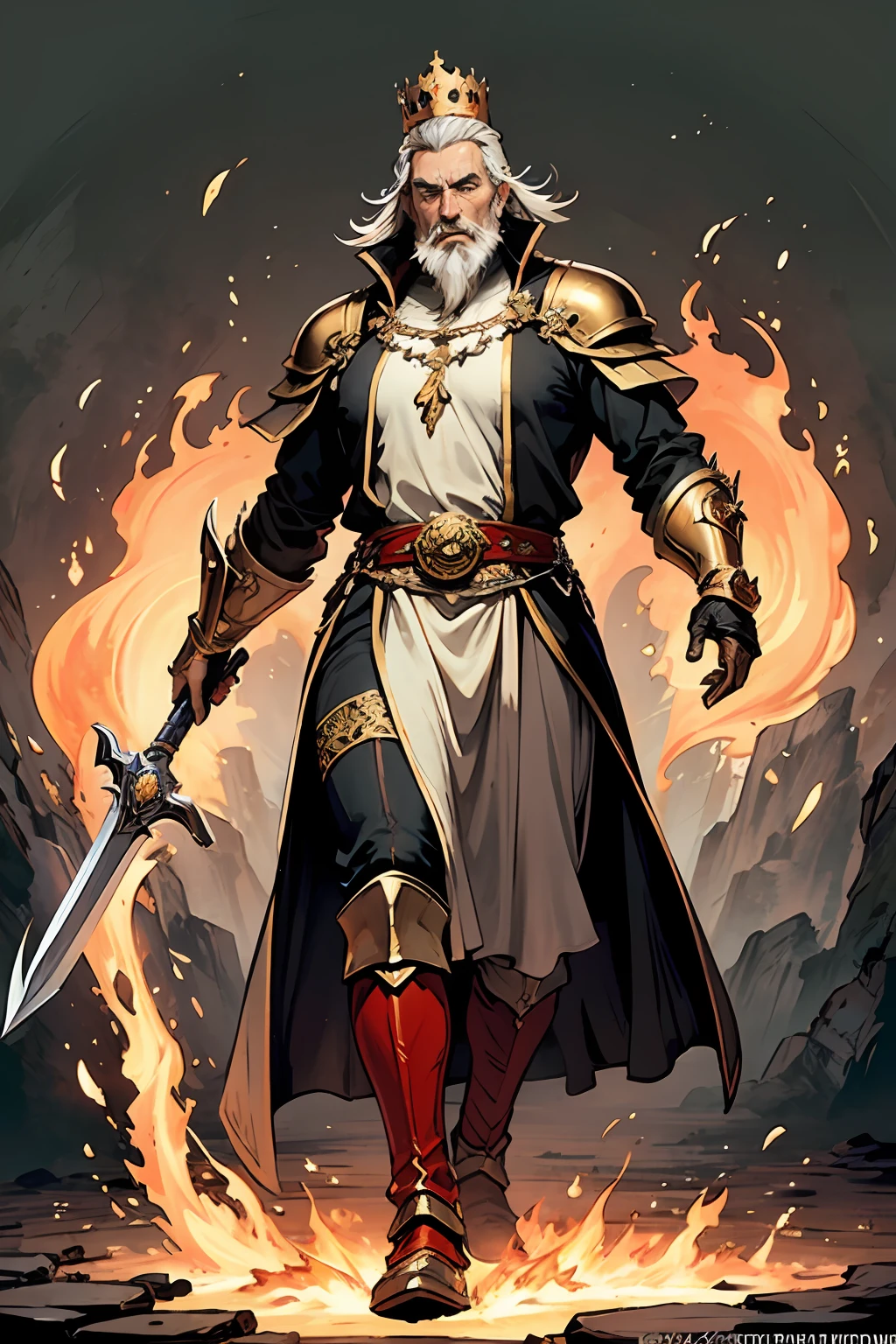 Gwyn, Lord of Cinder, is a powerful and ancient being who once ruled over the world of Dark Souls. He has a majestic appearance and clothing that reflect his status as a king and a god. According to the web search results123, he wears:
A set of royal drapes with gold bands on his arms and a crown atop his head.
A pair of boots on his feet.
A greatsword imbued with the power of light and fire, which he uses to strike down his enemies.
His face is that of an old man with calm eyes, a long grey beard and hair. However, when he is encountered in the Kiln of the First Flame, he appears to be hollowed, with charred skin and missing eyes. He has sacrificed himself to prolong the Age of Fire by linking himself to the First Flame