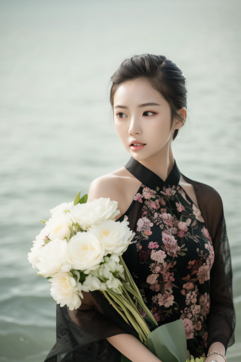 there is a woman holding a bouquet of flowers by the water, beautiful young korean woman, beautiful south korean woman, gorgeous young korean woman, young asian woman, beautiful young asian woman, a young asian woman, young asian girl, korean woman, beautiful asian girl, korean women's fashion model, beautiful asian woman, with flowers, an asian woman, asian woman