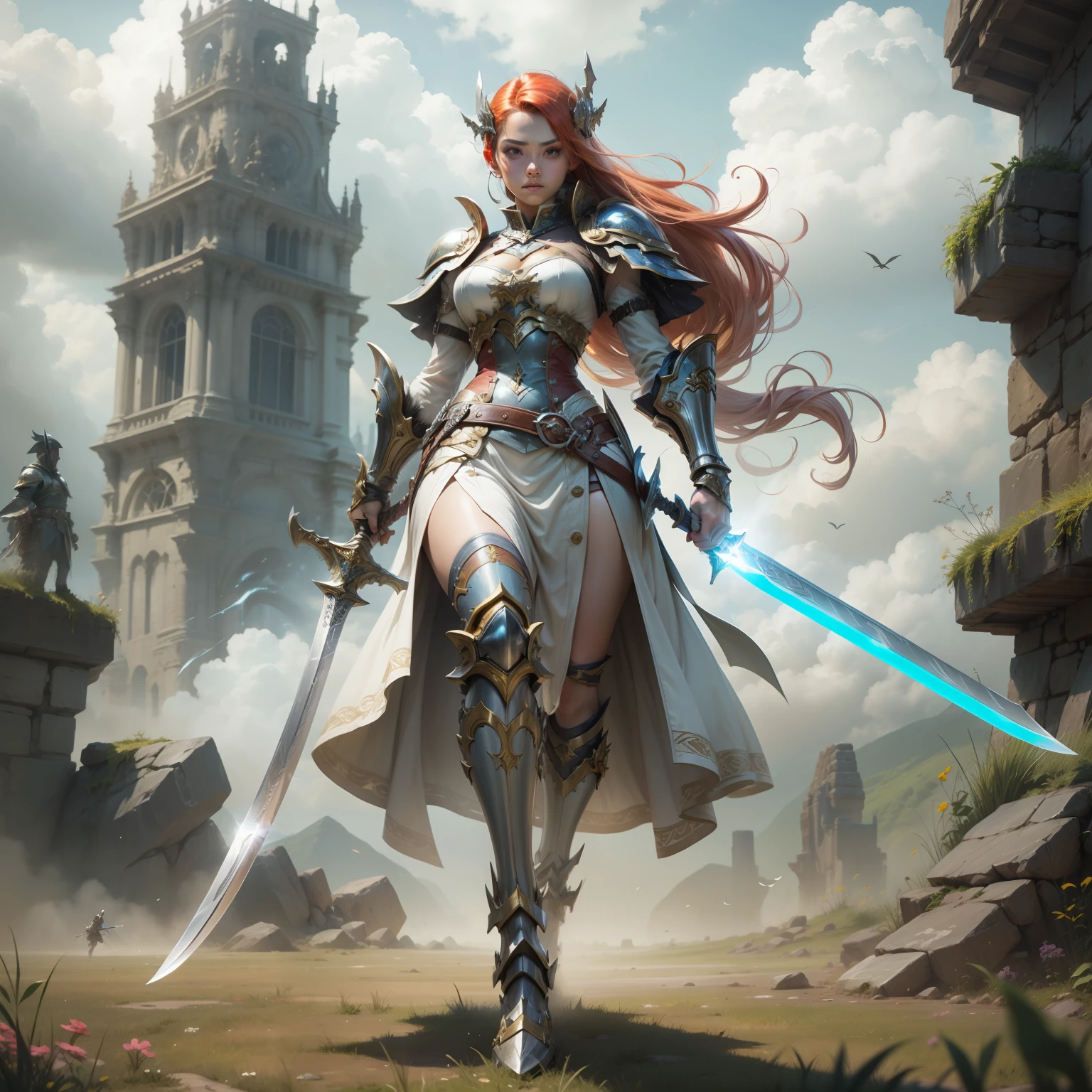 Close-up of a woman holding a sword in the field, full body, ginger sword, war blade weapon, shiny sword, wielding sword, fantasy blade, beautiful sword, huge super large sword, holding fantasy sword, fantasy sword, fantasy sword, warrior sword, ghost blade style, holding a giant sword, wielding a magic sword, holding a giant sword, shining sword, 2K