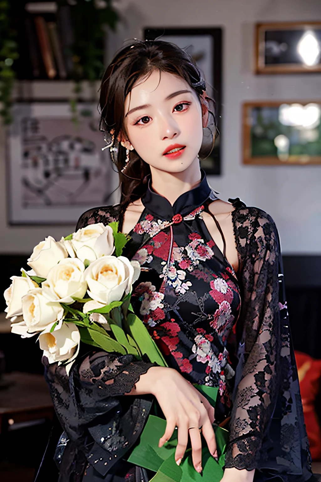 there is a woman holding a bouquet of flowers in her hands, in style of lam manh, with flowers, with acient chinese clothes, inspired by Dai Xi, young asian girl, cheongsam, korean women's fashion model, young asian woman, a young asian woman, chinese girl, chinese woman, gorgeous chinese model, beautiful asian girl