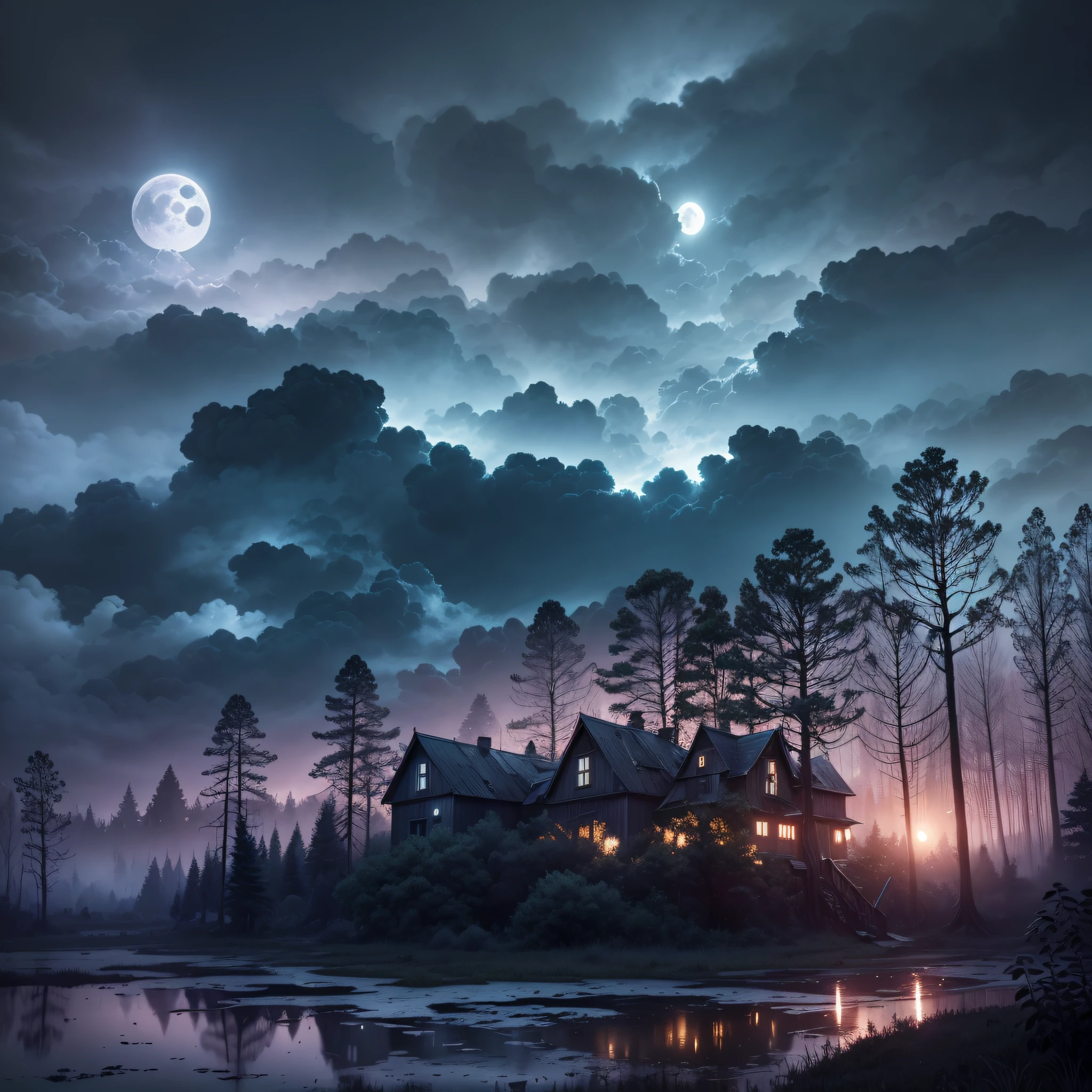 Bosque encantado. Noche. Luz de luna. dynamic shadows. dinamic lighting. Nubes volumetricas. Neblina ligeramente iluminada. Terror. Suspense. --auto
