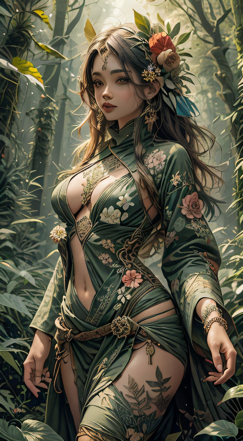 1sexy girl with forest clothes, flowers, leaves, mandalas, fractal, full female body,