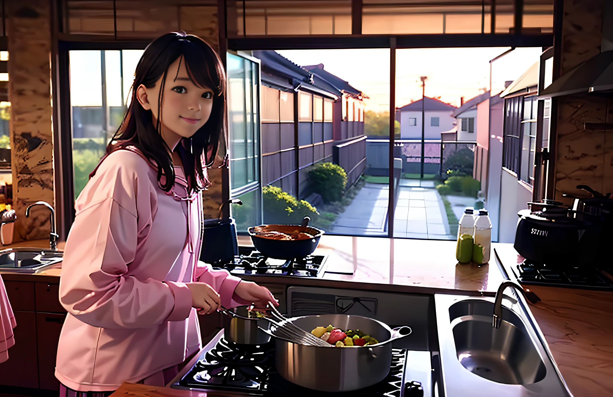 Best Quality, 1girls, (pink japanese school shirt), Sailor collar, neckerchief, Long sleeves, Standing, Outdoors, Cityscape, Buildings, chiho, In the kitchen, young gravure idol, shikamimi, kimi takemura, in a kitchen, けもの