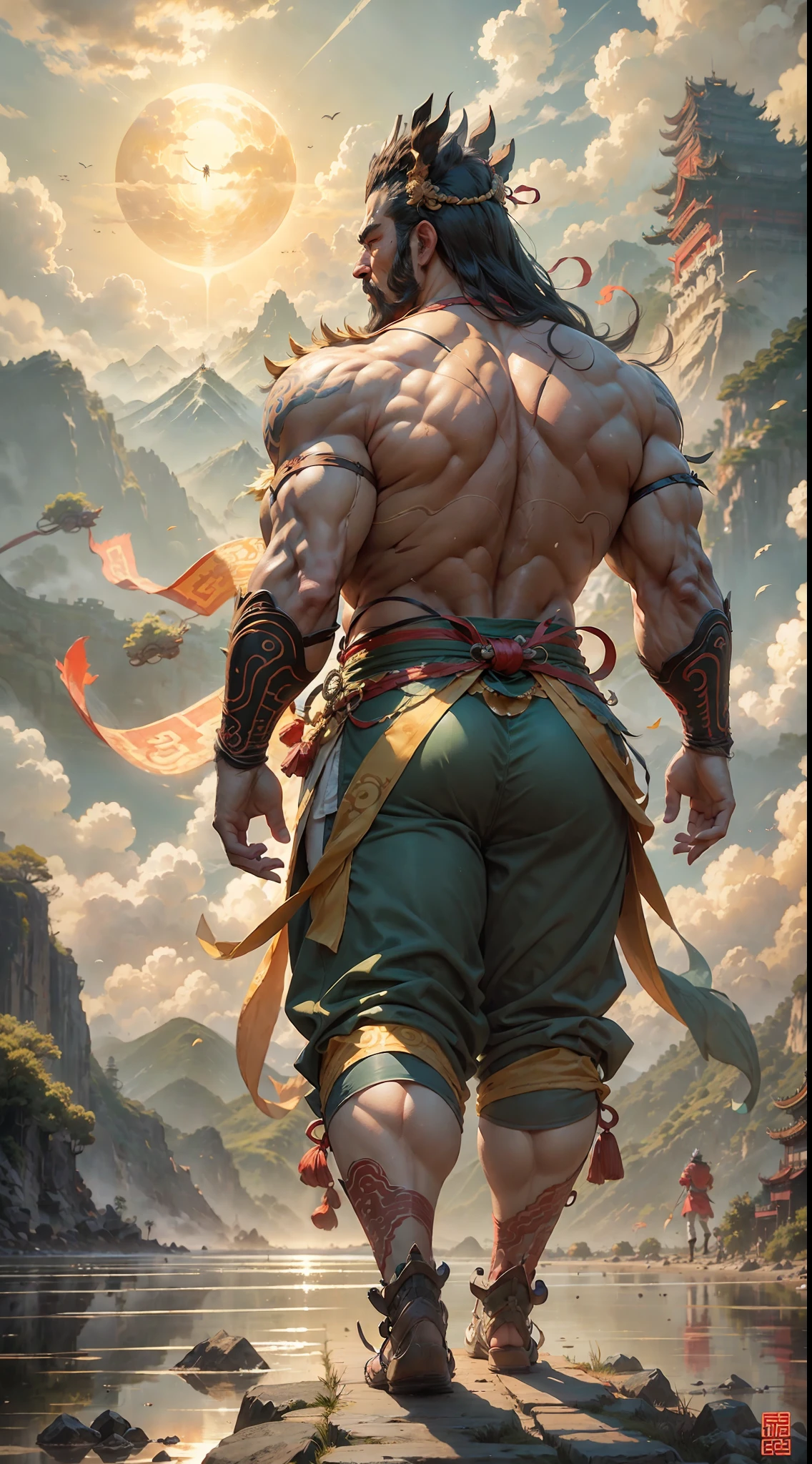 Father chasing the sun, ancient Chinese lux dressed up, burly huge body, thick hands and feet, standing in front of the sun, running with his back to me, the mountain is not yet his knees, the sea water is not yet his ankles, ((back view)), ((Chinese mythology)), high quality, super fine, detailed, accurate, (masterpiece), master work, (16k resolution), movie lighting, dynamic perspective