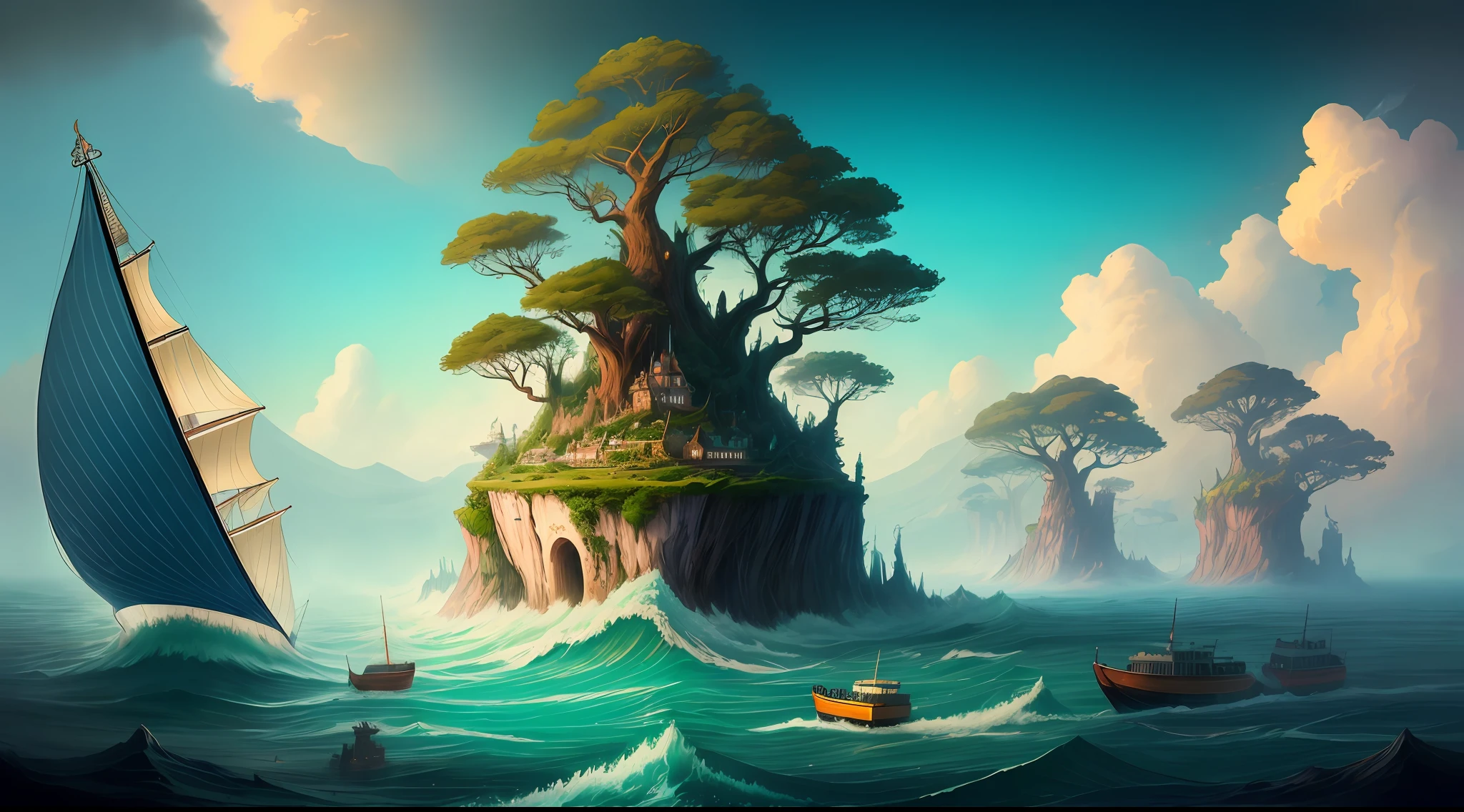 A mystical and epic landscape, with a fantastical and surreal world of floating islands being flooded by water, Giant trees and mythical creatures underwater, that transport the viewer to a world of imagination and wonder, com muitos barcos e pessoas fugindo deste lugar, Artistic Station, Arte Digital, Intrincado, trend, cores vivas