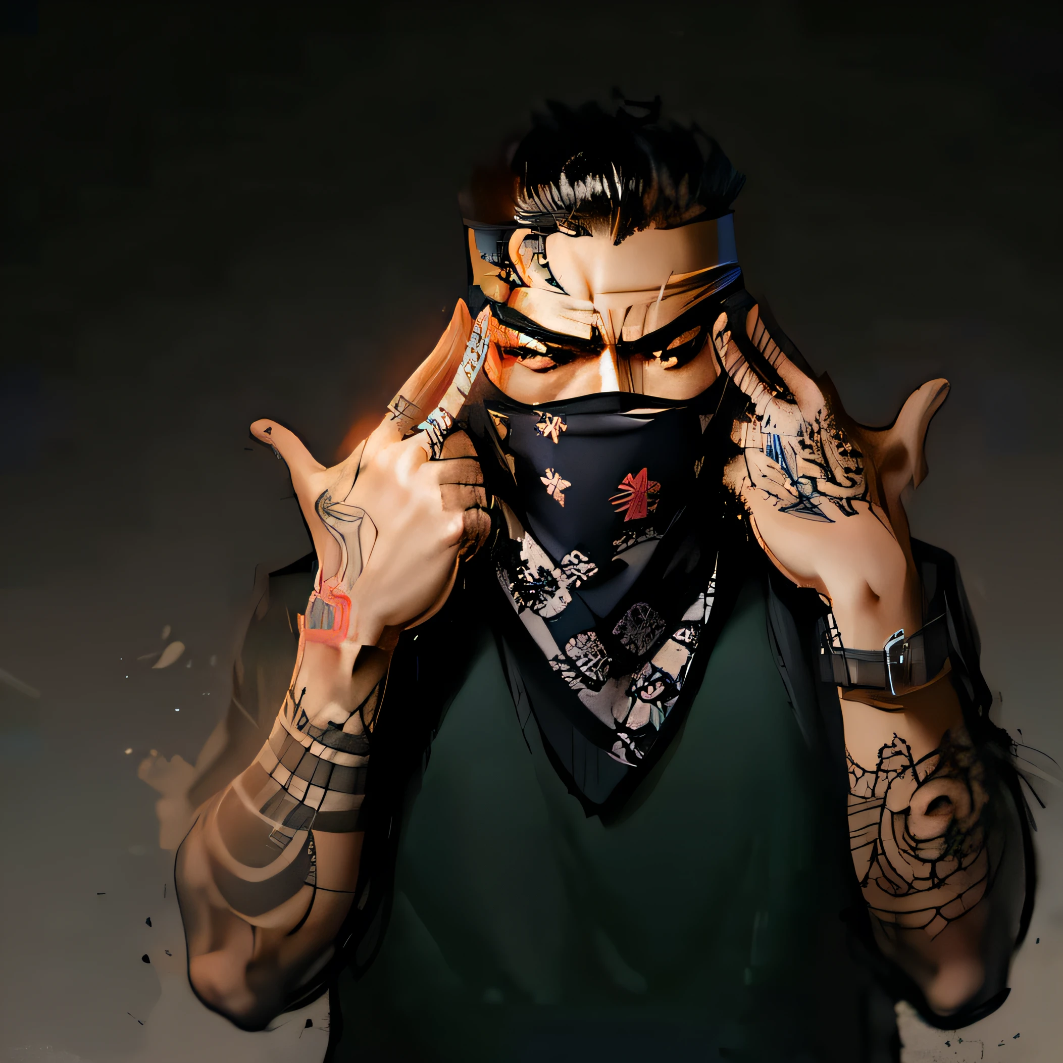 arafed man with tattoos covering his face with a bandana, chinnese mafia, arms covered in gang tattoo, bandanas, inspired by Xi Gang, black bandana mask, inspired by Gang Hui-an, inspired by Zhu Da, london gang member, smogpunk, bandanas, Rapper, british gang member, Shamanpunk, hood covers his eyes