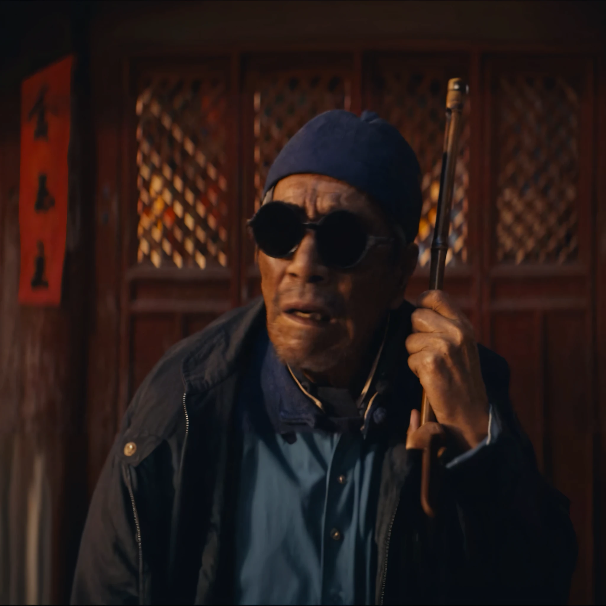 there is a man with sunglasses and a hat holding an umbrella, still from a live action movie, akira kurosawa, morgan freeman as gordon freeman, leica 8k still from an a24 film, scene from live action movie, movie screencap, in roger deakins style, still image from the movie, screenshots from movies, movie screen shot