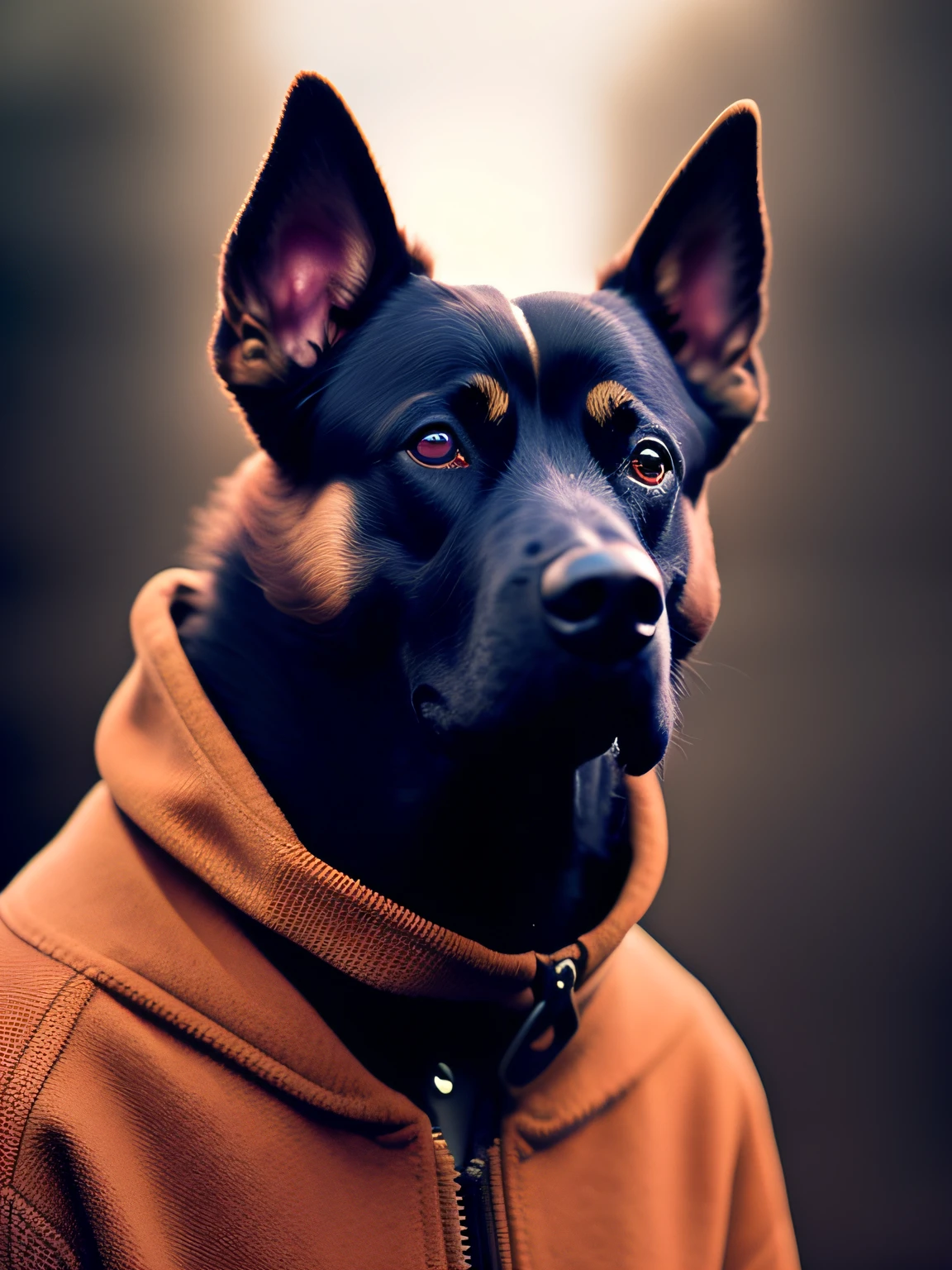 fking_scifi, Award-winning photographic portrait of a Belgian shepherd dog Malinois woman creature woman dog, vestido con una armadura negra y plateada, fondo de manglares de pantano forestal, cabeza grande, detalles intrincados
