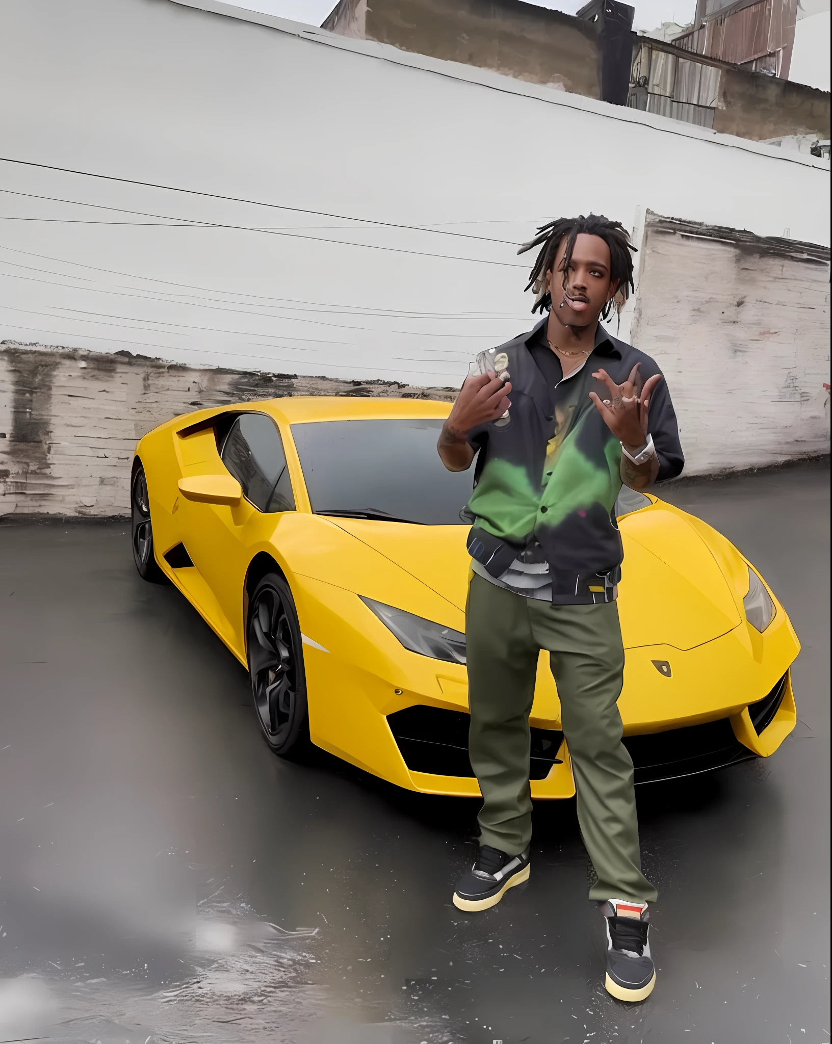 Araffe com dreadlocks parado na frente de um carro esportivo amarelo, ostentando sua riqueza, taken in the early 2020s, Livros Playboi, belle, chefe keef, album photo, Lamborghini, com panos amarelos, holding a 🛡 and an 🪓, oficial, xxxtentacion, Postagem 4k, 4 k post