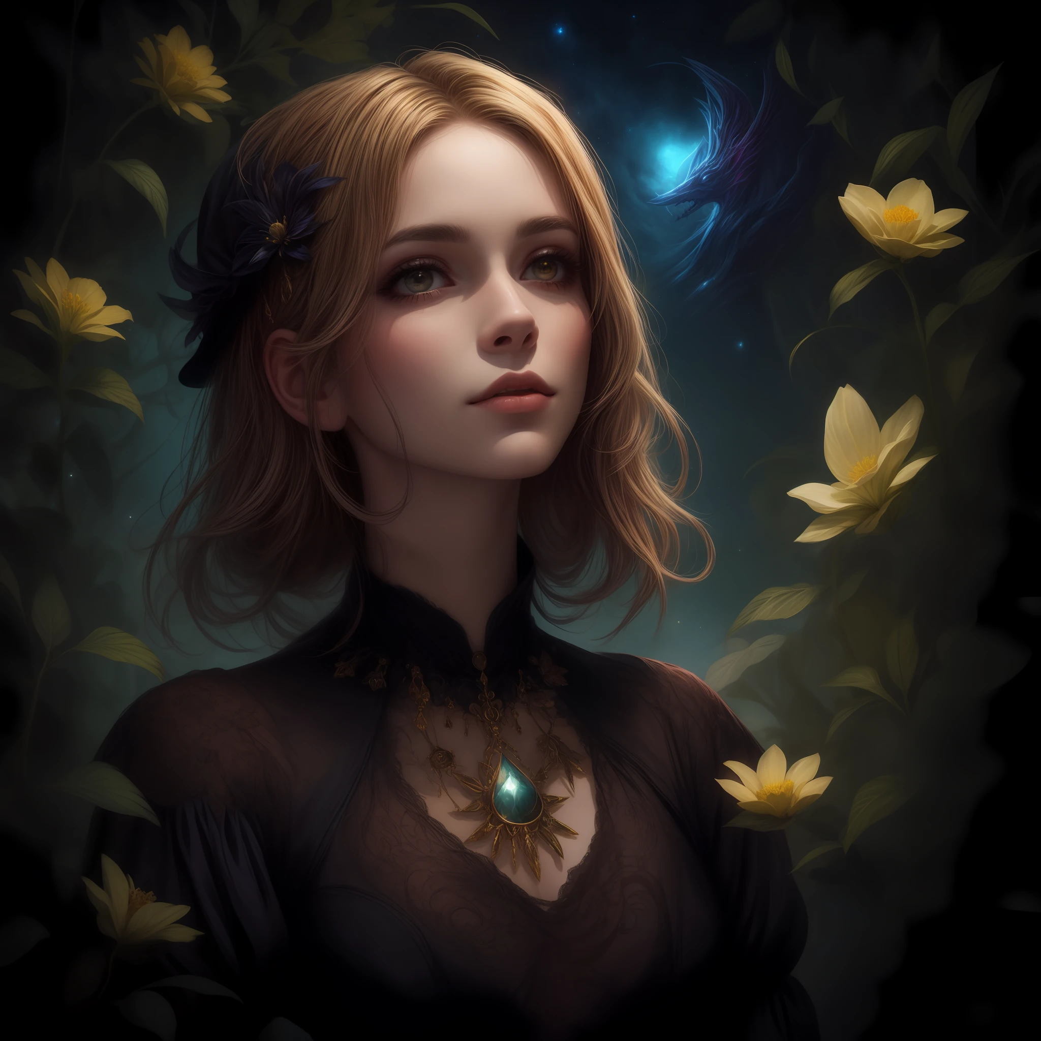 Mulher com cabelos longos brancos com olhos roxos e vestido preto, estilo de arte de fantasia, retrato bonito da arte da fantasia, retrato bonito da fantasia, retrato da fantasia, retrato da arte da fantasia, feiticeira bonita, mago bonito, feiticeira bonita, Retrato de uma feiticeira, pintura de personagem bonita, Mago Celestial Lindo, uma bela feiticeira, bela arte digital, arte dos sonhos, floresta negra, low backlight, noite escura, olhar brilhante, magia, wizard hat