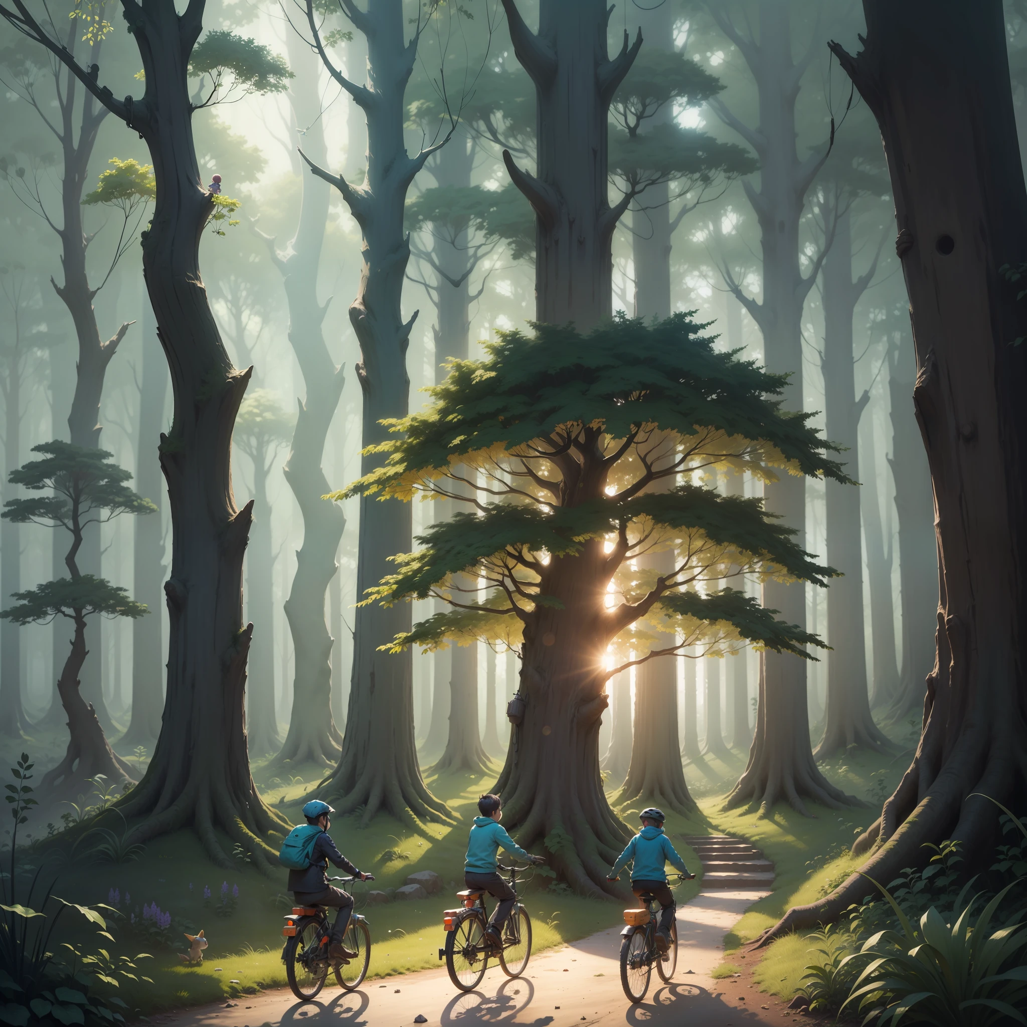 ((obra-prima)), ((melhor qualidade)), A digital illustration depicting a group of children on their bikes pedaling through a mysterious forest, in the nighttime, em busca de aventura. O alto, shady trees create an intriguing atmosphere, while the light from the flashlights attached to the bikes casts mysterious shadows. A glowing dimensional portal appears among the trees, suggesting a parallel world full of mysteries and dangers. The scene is shrouded in shades of blue and purple, conveying the sense of suspense and wonder that permeates the series. Every detail of the illustration is carefully represented, From the anxious expressions of the children to the smallest details of the enchanted forest. This digital illustration is a true masterpiece, capturing the essence of adventure and the unknown in a captivating and enchanting way.