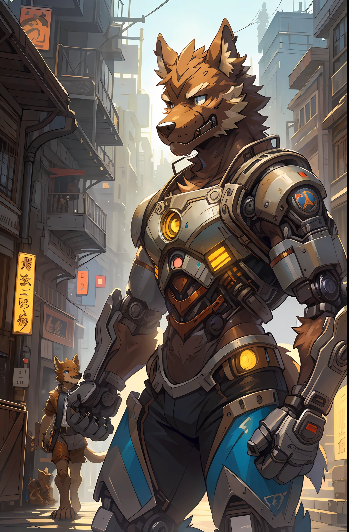 top quality, High-quality illustrations by Johannes Vermeer, masterpiece, Dark_Fantasy, Cyberpunk, steam punk(super handsome boy, single, kemono)Mechanical marvel, Robotic presence, Cybernetic guardian, wearing a worn-out mech suit, intricate(steel metal, rusty)(furry anthro:1.7)(Furry body, dog facial features, dog body features)elegant, clear focus, shot by greg rutkowski, soft lighting, vibrant colors, masterpiece((street))cowboy shot, dynamic pose,