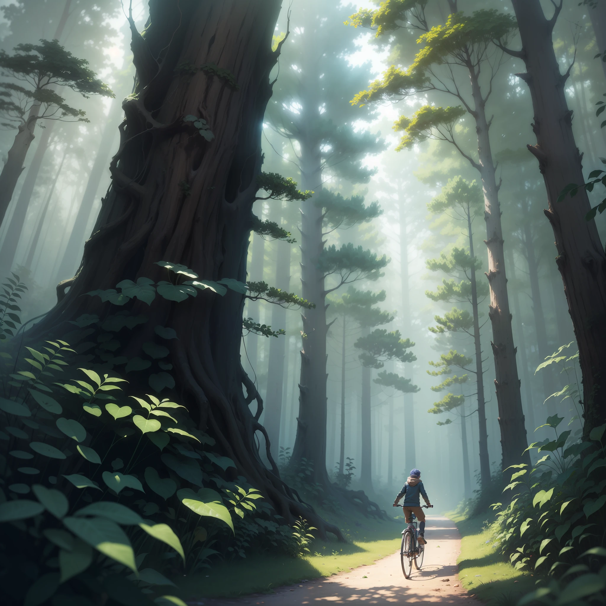 ((obra-prima)), ((melhor qualidade)), A digital illustration depicting a group of children on their bikes pedaling through a mysterious forest, in the nighttime, em busca de aventura. O alto, shady trees create an intriguing atmosphere, while the light from the flashlights attached to the bikes casts mysterious shadows. A glowing dimensional portal appears among the trees, suggesting a parallel world full of mysteries and dangers. The scene is shrouded in shades of blue and purple, conveying the sense of suspense and wonder that permeates the series. Every detail of the illustration is carefully represented, From the anxious expressions of the children to the smallest details of the enchanted forest. This digital illustration is a true masterpiece, capturing the essence of adventure and the unknown in a captivating and enchanting way.