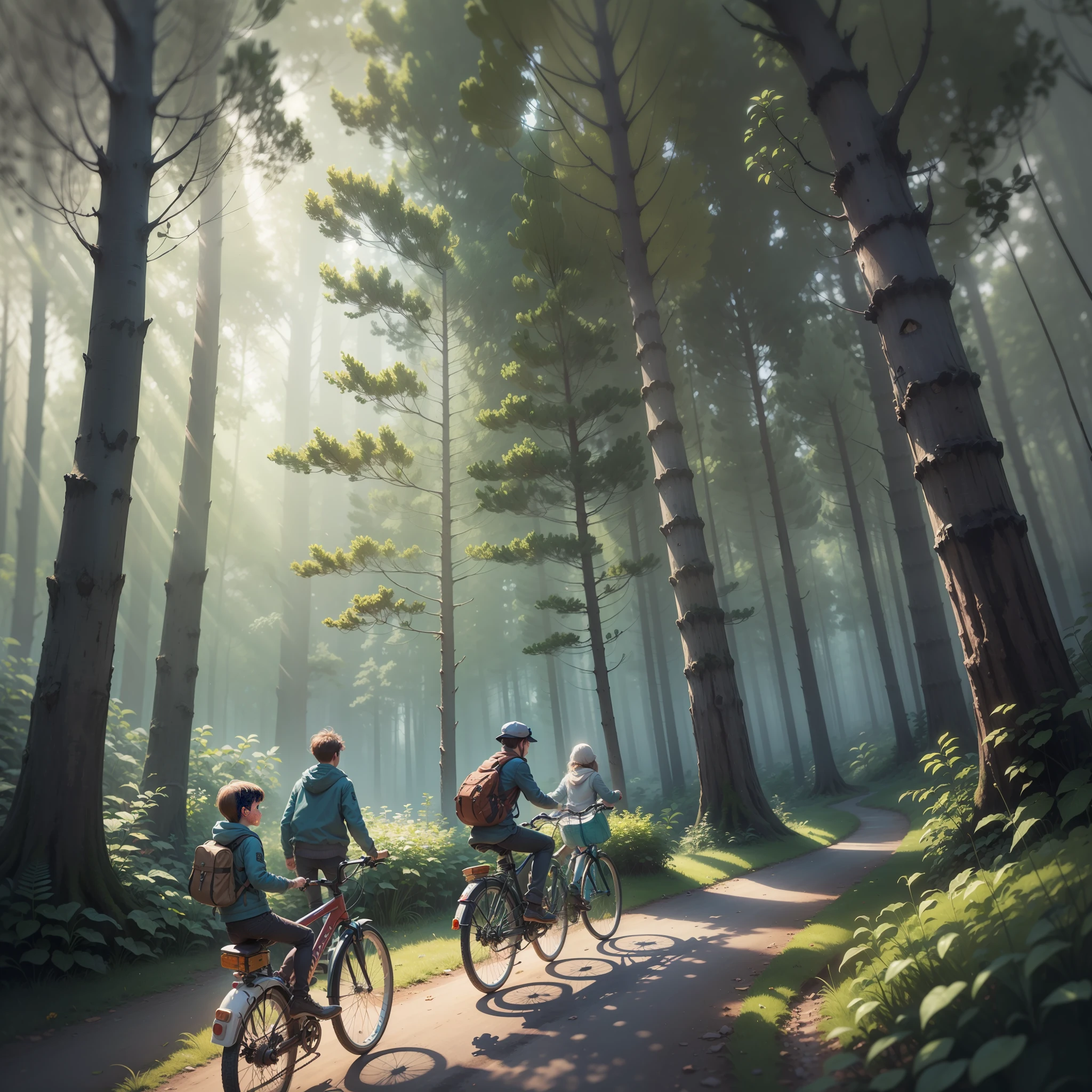 ((obra-prima)), ((melhor qualidade)), A digital illustration depicting a group of children on their bikes pedaling through a mysterious forest, in the nighttime, em busca de aventura. O alto, shady trees create an intriguing atmosphere, while the light from the flashlights attached to the bikes casts mysterious shadows. A glowing dimensional portal appears among the trees, suggesting a parallel world full of mysteries and dangers. The scene is shrouded in shades of blue and purple, conveying the sense of suspense and wonder that permeates the series. Every detail of the illustration is carefully represented, From the anxious expressions of the children to the smallest details of the enchanted forest. This digital illustration is a true masterpiece, capturing the essence of adventure and the unknown in a captivating and enchanting way.