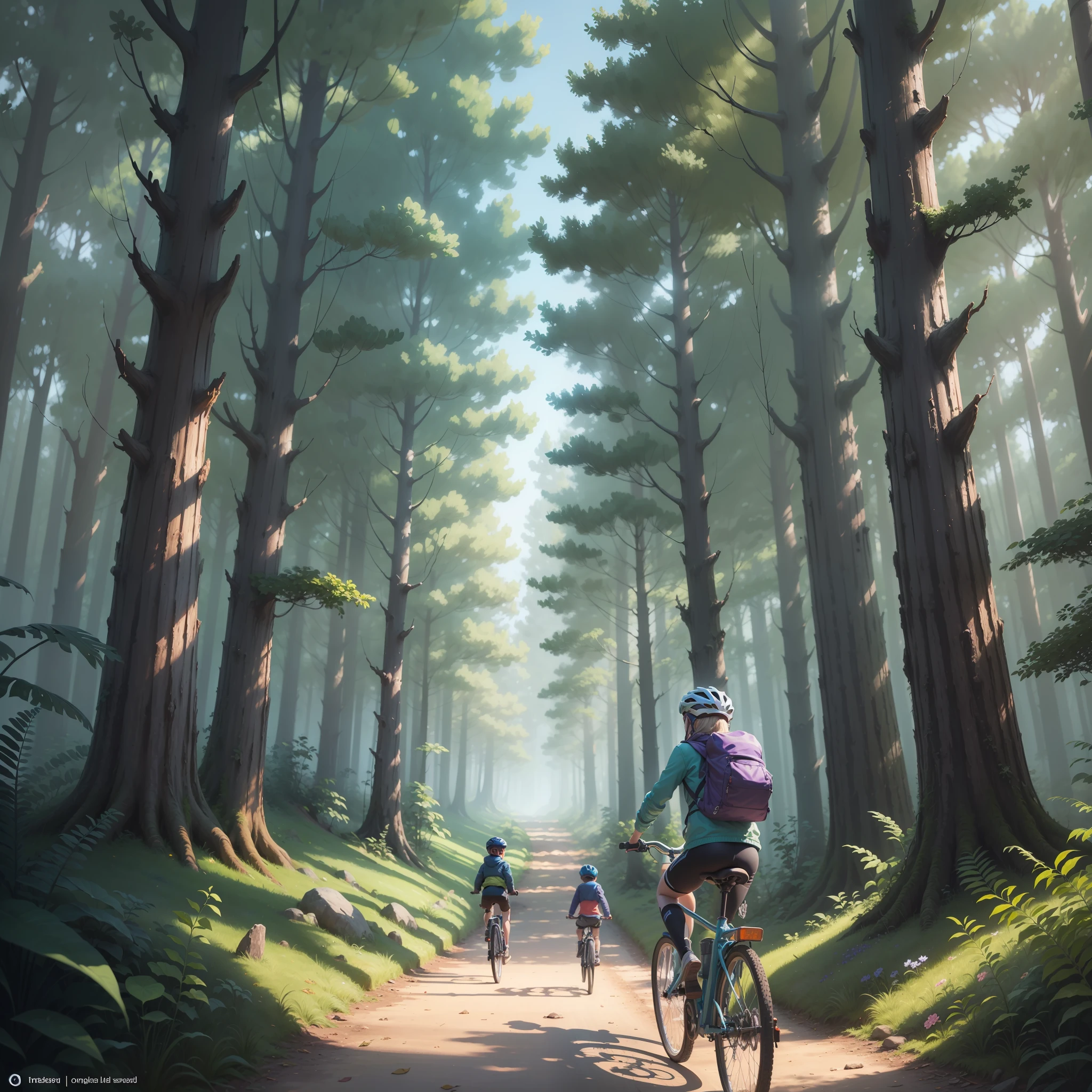 ((obra-prima)), ((melhor qualidade)), A digital illustration depicting a group of children on their bikes pedaling through a mysterious forest, in the nighttime, em busca de aventura. O alto, shady trees create an intriguing atmosphere, while the light from the flashlights attached to the bikes casts mysterious shadows. A glowing dimensional portal appears among the trees, suggesting a parallel world full of mysteries and dangers. The scene is shrouded in shades of blue and purple, conveying the sense of suspense and wonder that permeates the series. Every detail of the illustration is carefully represented, From the anxious expressions of the children to the smallest details of the enchanted forest. This digital illustration is a true masterpiece, capturing the essence of adventure and the unknown in a captivating and enchanting way.