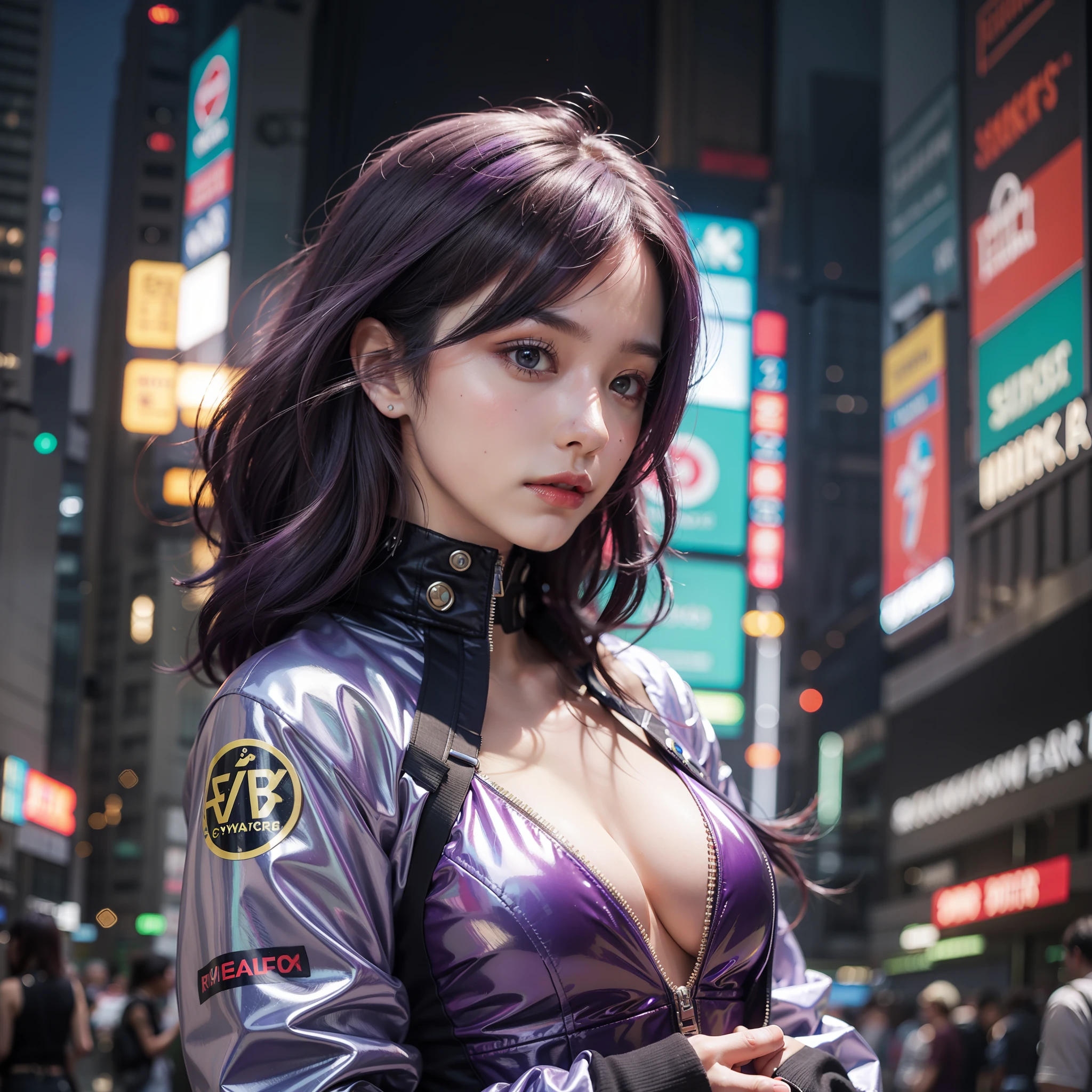 Beautiful woman medium hair、Cyberpunk style、Vivid body、futuristic cities、Purple hair、