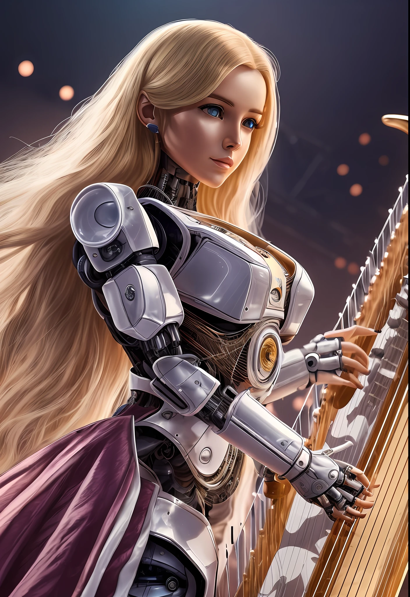 a beautiful 25-year-old blonde female robot in an airy concert designer dress on stage plays a harp, a detailed drawn face and hands of an android woman:: hyperrealism::1 concertlighting::1 8K, --auto --s2