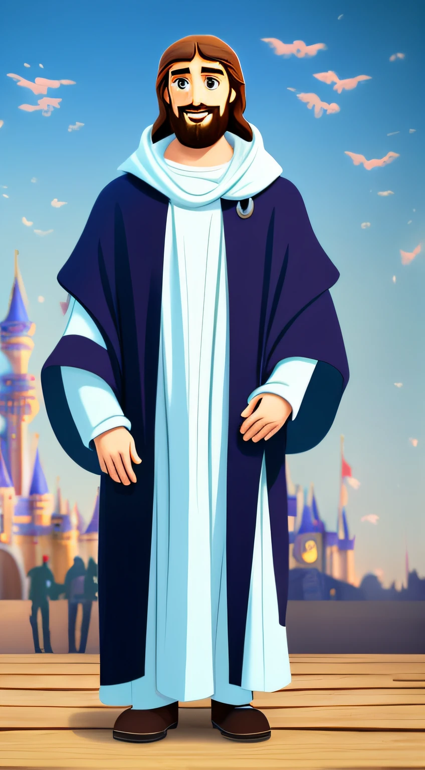 Original art quality, full body picture, Disney character animation style, young and handsome Jesus God, standing posture, hands naturally placed on both sides, looking ahead, gentle expression and smiling, eyes full of light, background light blue, translucent, with light as the theme, the focus of light is on the characters, the overall picture is fresh and bright.