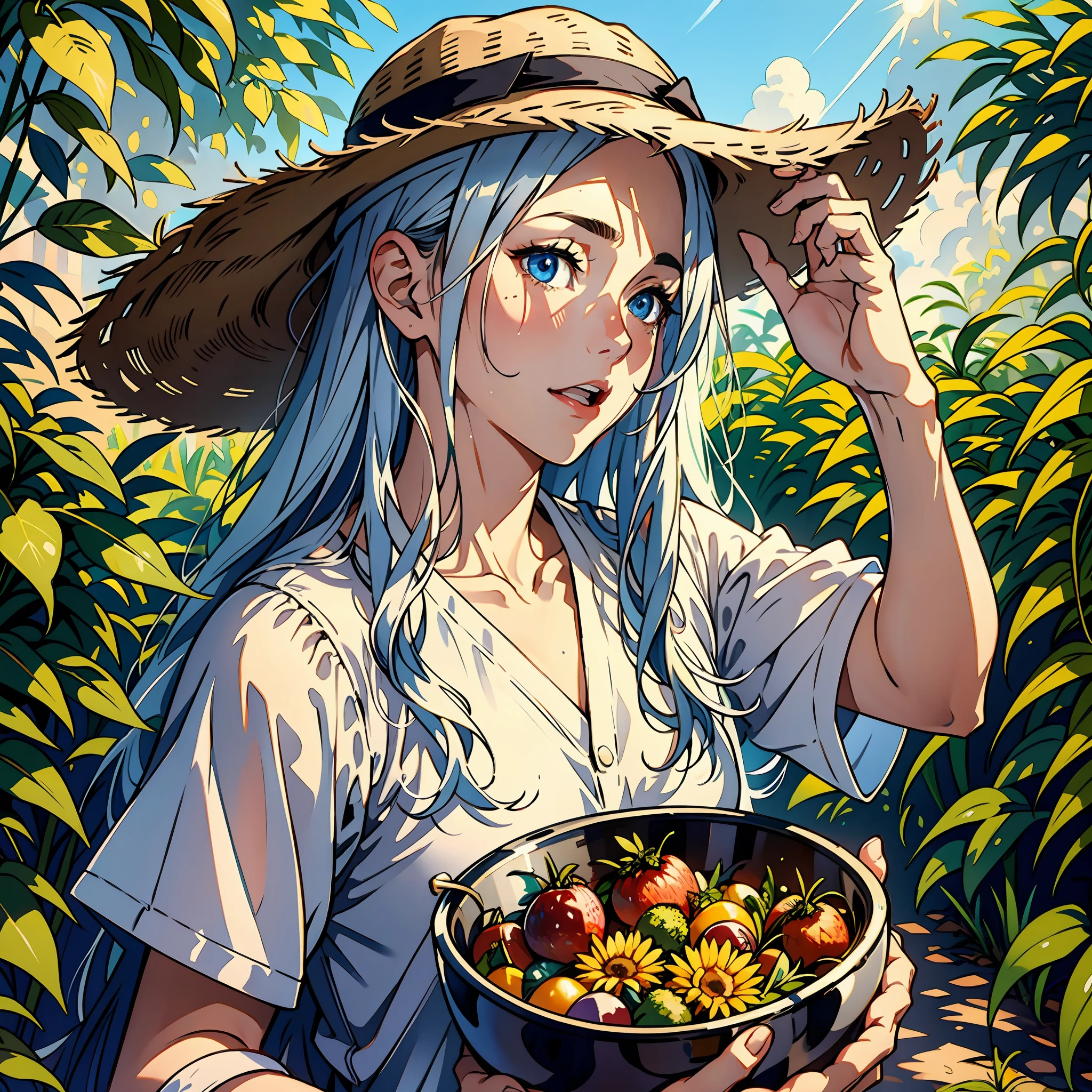 A 25-year-old man，Nice blue eyes，White long hair，Wear a sun hat，gasping，Vegetables are picked on the farm，Sun'rays，Casual attire，sidelighting, Masterpiece of the best quality，8K，verydetailed，highly quality，high resolucion