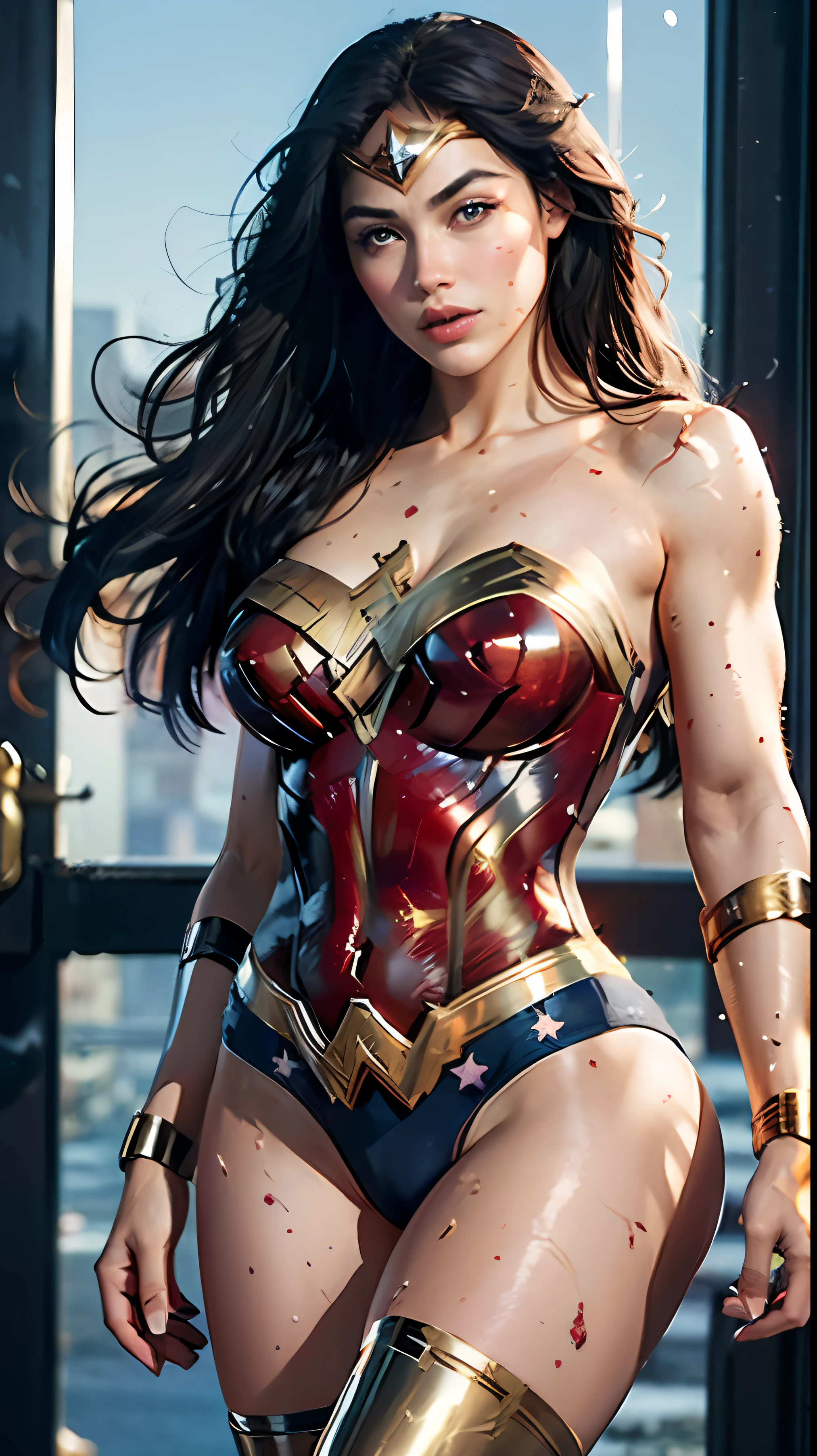 (20-year-old Gal Gadot) as Wonder Woman: Warrior Goddess (2017). The natural, beautiful, beautiful, impressive, dashing, award-winning hairstyle, is a real masterpiece of feminine beauty, the face as in the movie, completes the anatomical perfection of a woman standing tall in an abandoned city. The set lighting highlights the movie-like outfits that add to her confidence. The scenery is lush and mysterious, with the dark city and its surroundings. The camera details everything. When looking into beautiful eyes, there are eyes that will attract people. Her gaze is on the beholder, you can clearly see every little detail, every perfect line, every beautiful leather detail with 8K quality, one is captivated by the confidence radiating from each eye. Her head is framed with black hair and her face is drawn in meticulous detail using 8K quality images. --auto