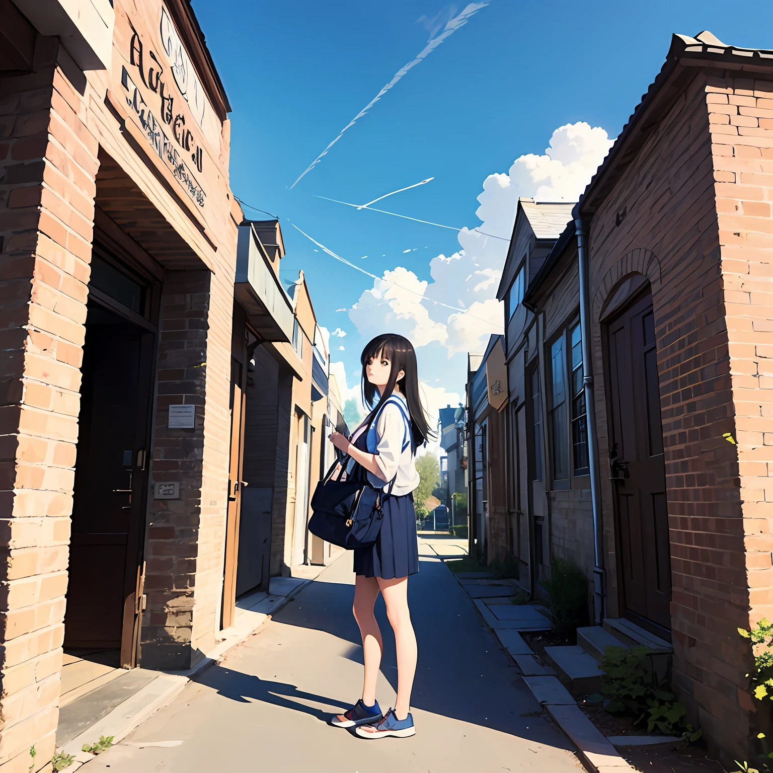 A woman stands at the door of a college campus，Two-dimensional cartoons，heal，blue sky with white clouds --auto