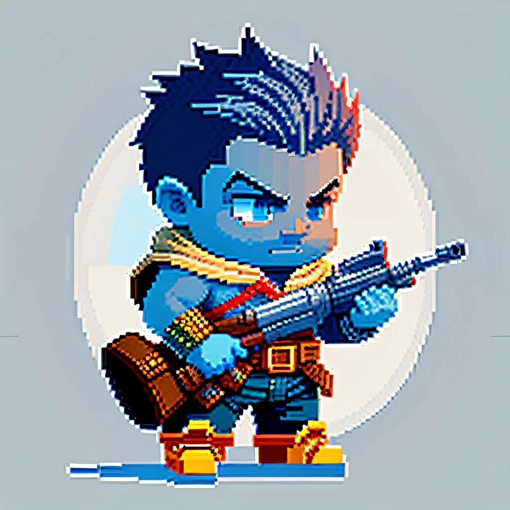 Blue dwarf warrior holding a gun ,CBZBB, circunstanciado, olho detalhado,Pixel Art,voxel render,boble head,fundo branco