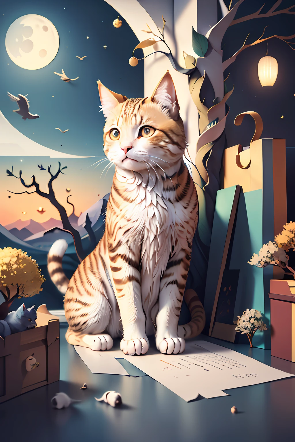 ((((masterpiece))), best quality, illustrations, beautiful details glow,
paper_cut, cat face details clear to the camera, tree, moon,