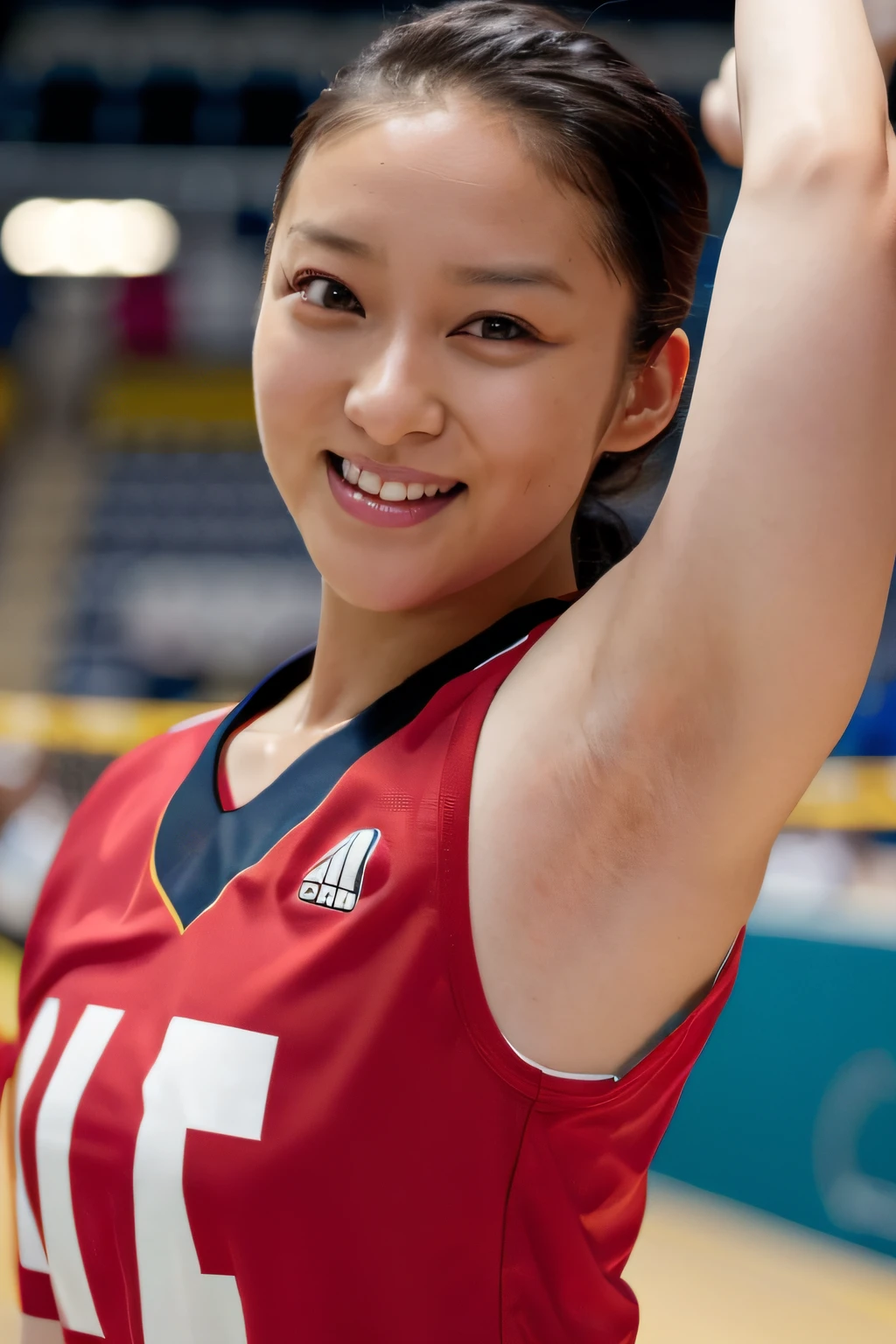 (4k, best quality, highres:1.2), (realistic, photo-realistic:1.37), Emi Takei, 1girl, solo, looking at viewer, pale skin, (fine complexion:1.3), smile, volleyball uniform、indoor stadium, Up ,Armpits, Smile, Plump, Solo, Simple, Sweaty,