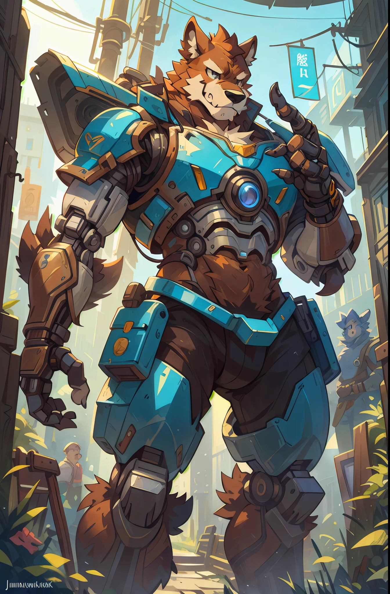 top quality, High-quality illustrations by Johannes Vermeer, masterpiece, Dark_Fantasy, Cyberpunk, steam punk(super handsome boy, single, kemono)Mechanical marvel, Robotic presence, Cybernetic guardian, wearing a worn-out mech suit, intricate(steel metal, rusty)(furry anthro:1.7)(Furry body, dog facial features, dog body features)elegant, clear focus, shot by greg rutkowski, soft lighting, vibrant colors, masterpiece((street))cowboy shot, dynamic pose,
