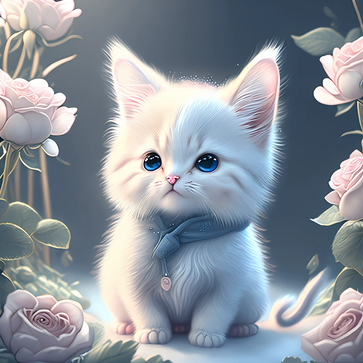 In this ultra-detailed CG art, the adorable kitten surrounded by ethereal roses, best quality, high resolution, intricate details, fantasy, cute animals