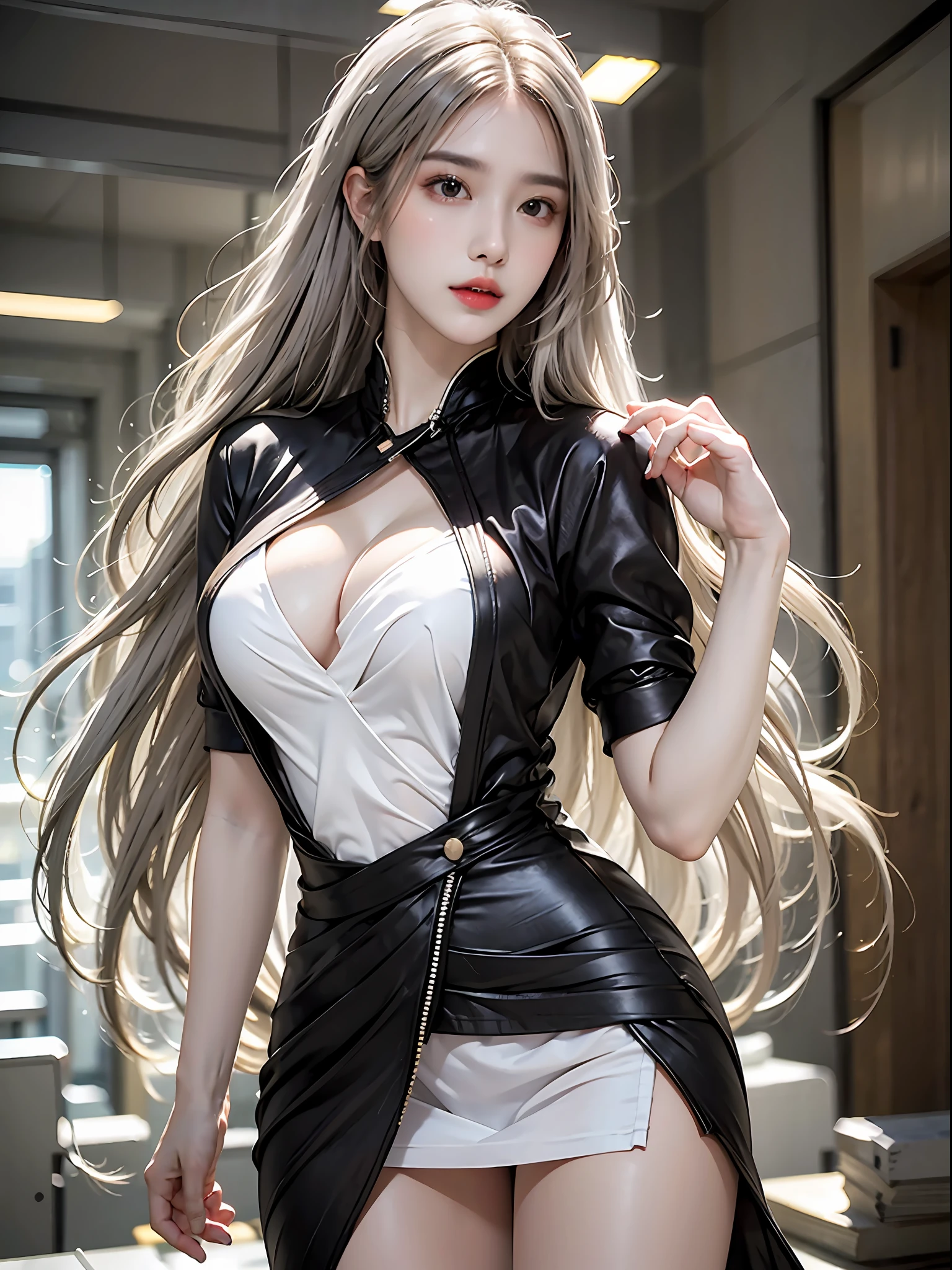 photorealistic, high resolution, 1 girl, white long hair, black eyes, normal breast, dress