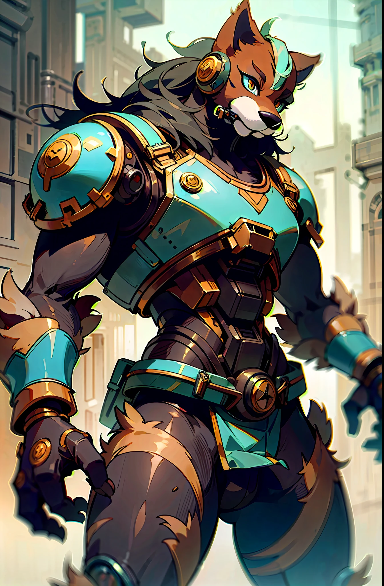 top quality, High-quality illustrations by Johannes Vermeer, masterpiece, Dark_Fantasy, Cyberpunk, steam punk(super handsome boy, single, kemono)Mechanical marvel, Robotic presence, Cybernetic guardian, wearing a worn-out mech suit, intricate(steel metal, rusty)(furry anthro:1.7)(Furry body, dog facial features, dog body features)elegant, clear focus, shot by greg rutkowski, soft lighting, vibrant colors, masterpiece((street))cowboy shot, dynamic pose,
