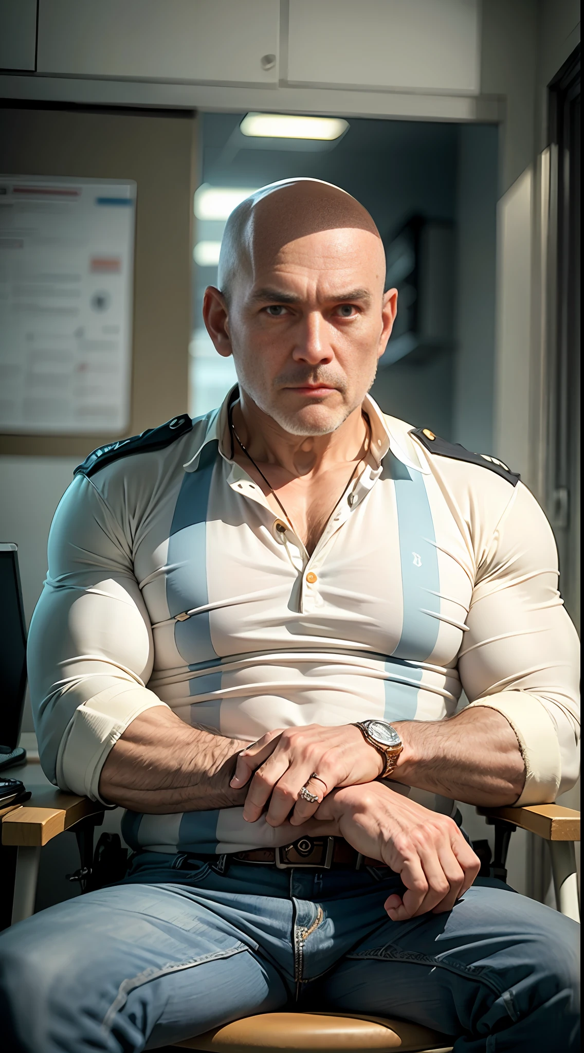 68 year old half bald masculine man, normal clothes, serious look, manly, sitting in police station