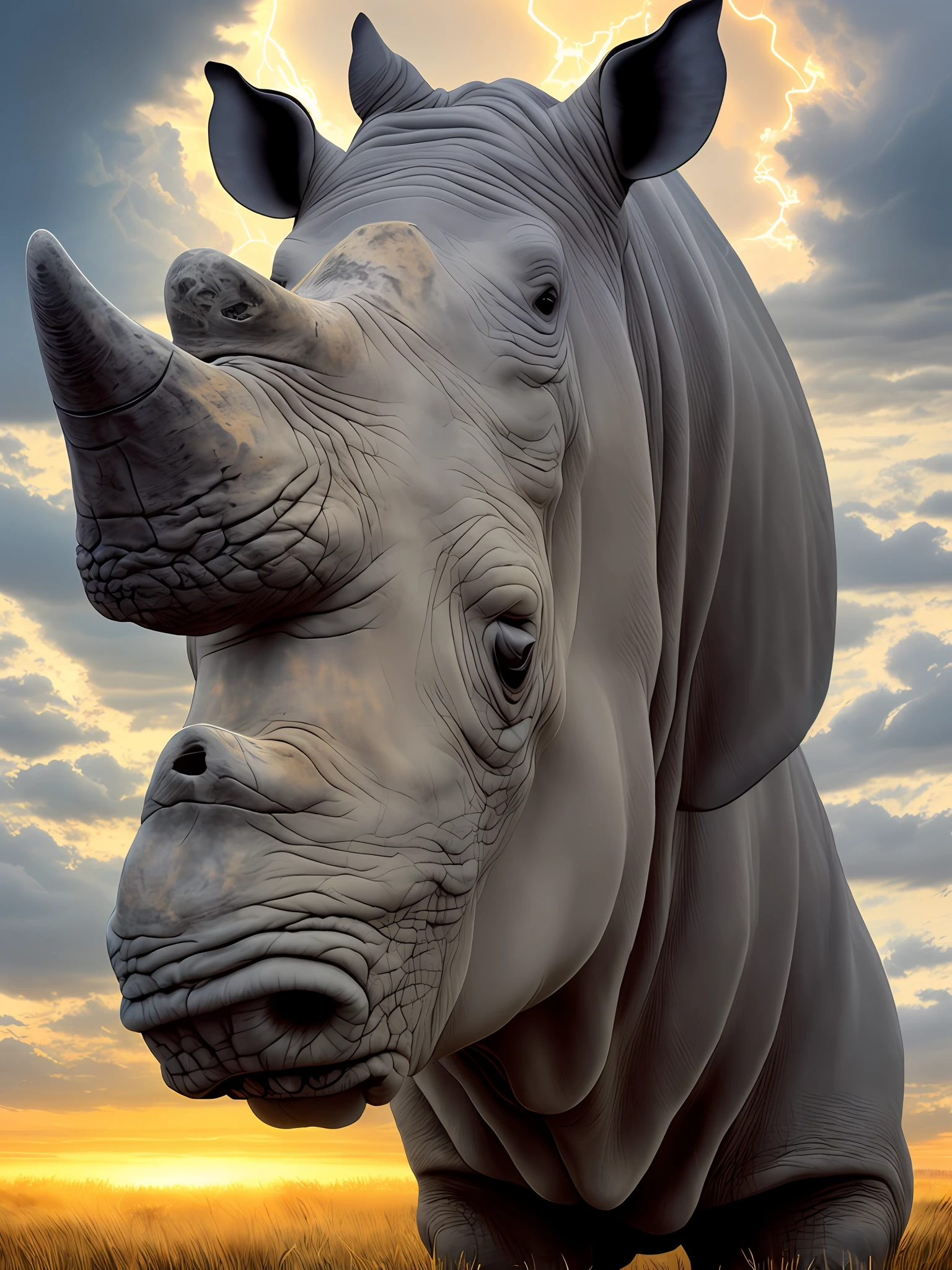 Head of a rhino sur un chien, Masterpiece, high-quality, Illustration unique, Ultra-detailed detail, coupe unique, High resolution, perfect lightning, ombres parfaites, Face of the dog with the head of a rhinoceros, Cloudy sky in the background, thick clouds, side view, dynamique.
