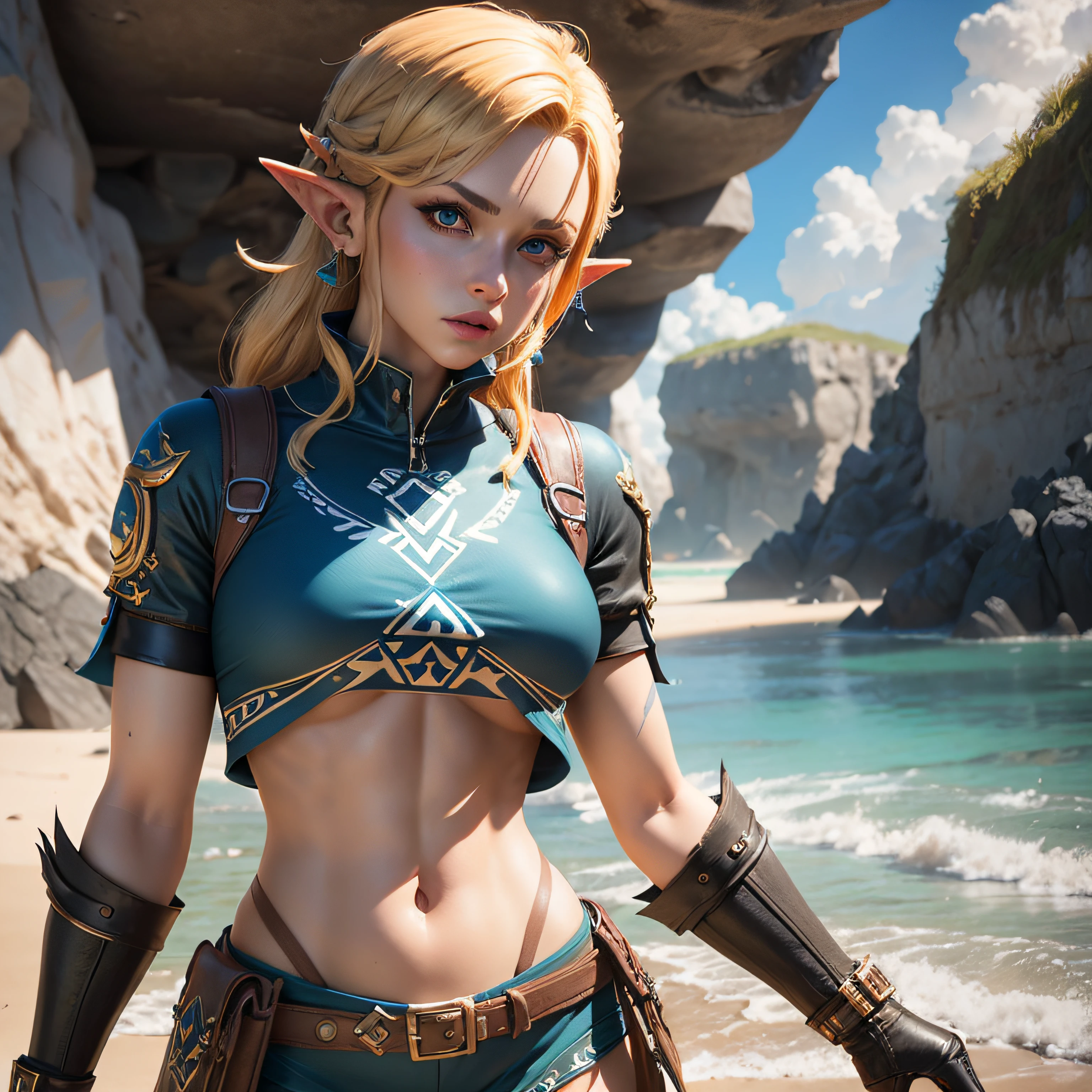 link, de Zelda, In fateful poses of Stret Fighter 2,  3d render em 8k, melhor qualidade, obra-prima, nikon, luz e sombras realista, 8k, ray tracing, NVIDIA, unreal engine 5, numa praia com um mar azul noturno