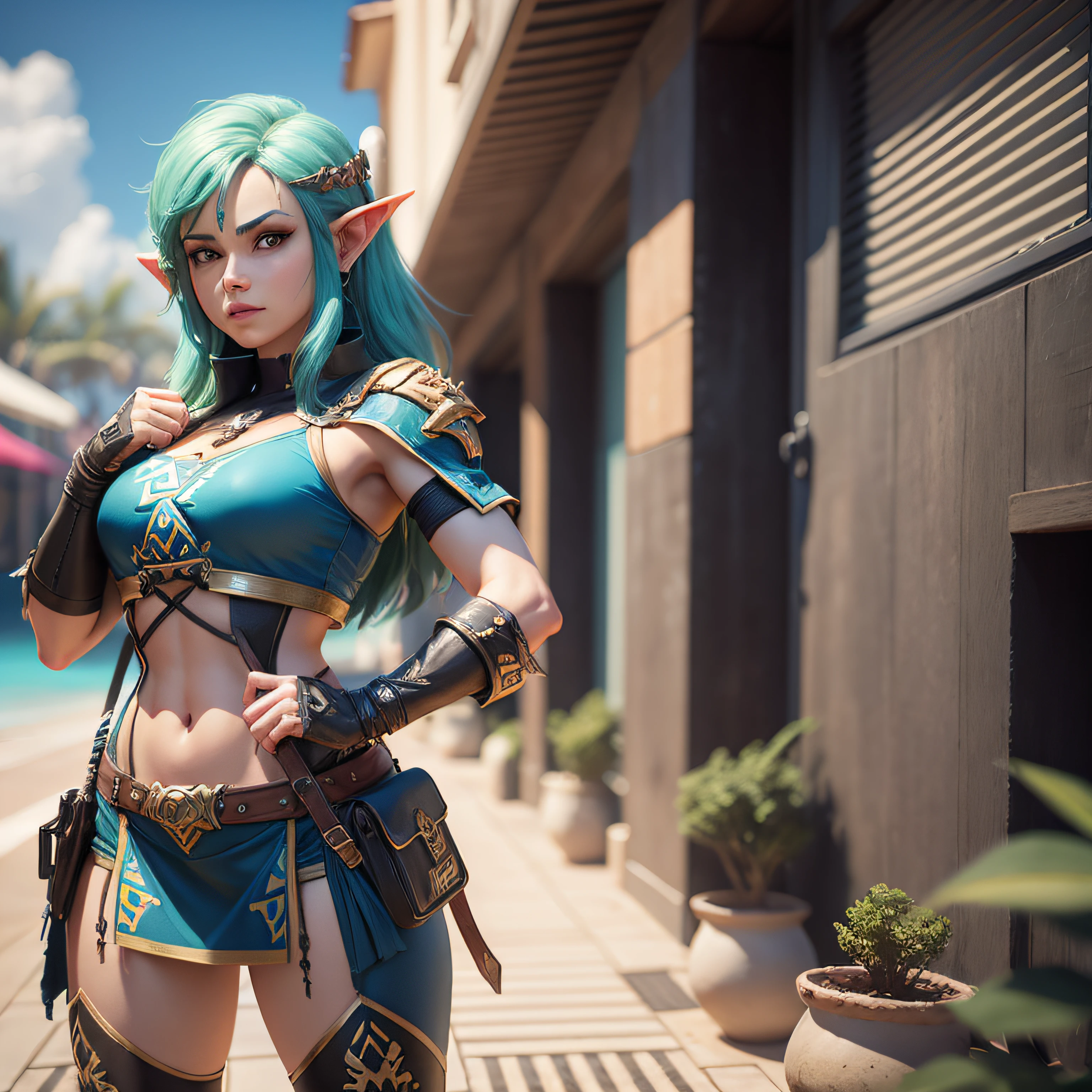 link, de Zelda, In fateful poses of Stret Fighter 2,  3d render em 8k, melhor qualidade, obra-prima, nikon, luz e sombras realista, 8k, ray tracing, NVIDIA, unreal engine 5, numa praia com um mar azul noturno