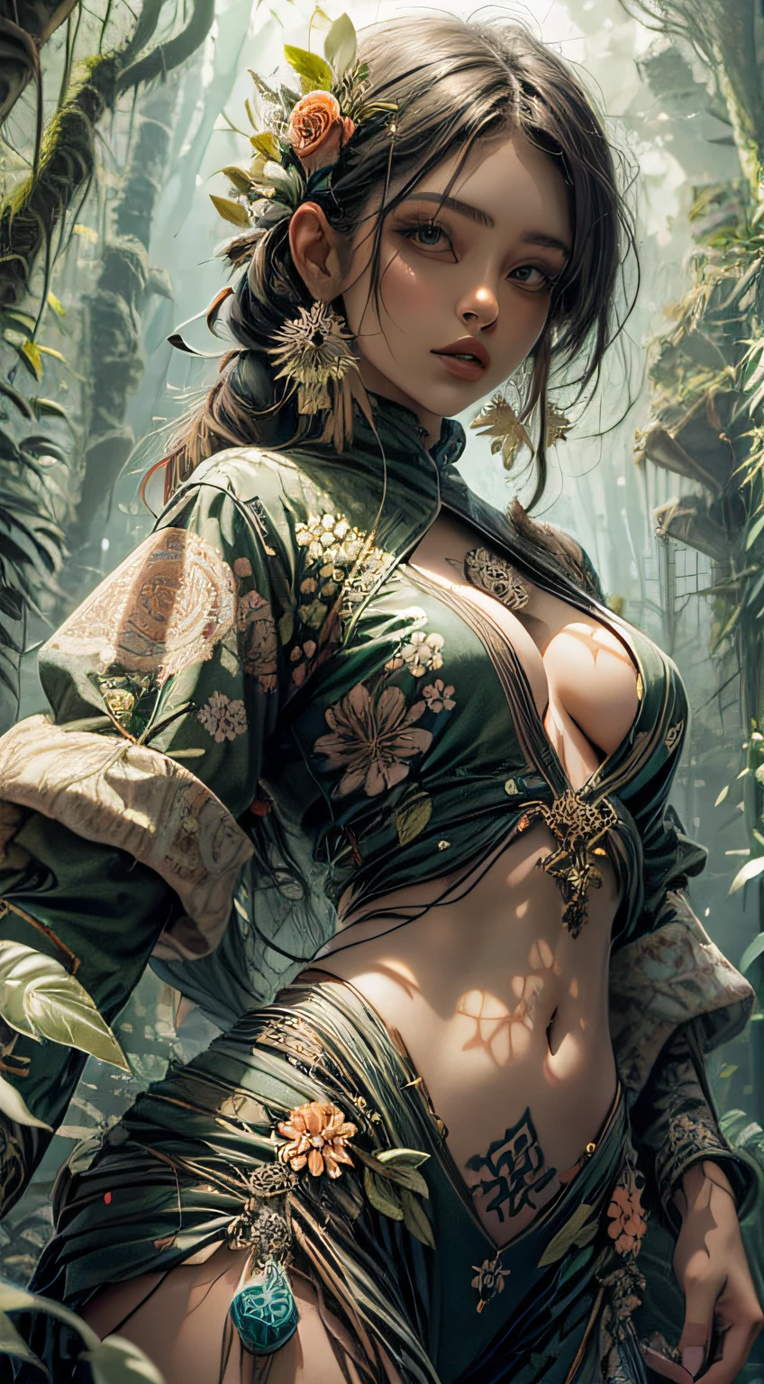 1sexy girl with forest clothes, flowers, leaves, mandalas, fractal, full female body,