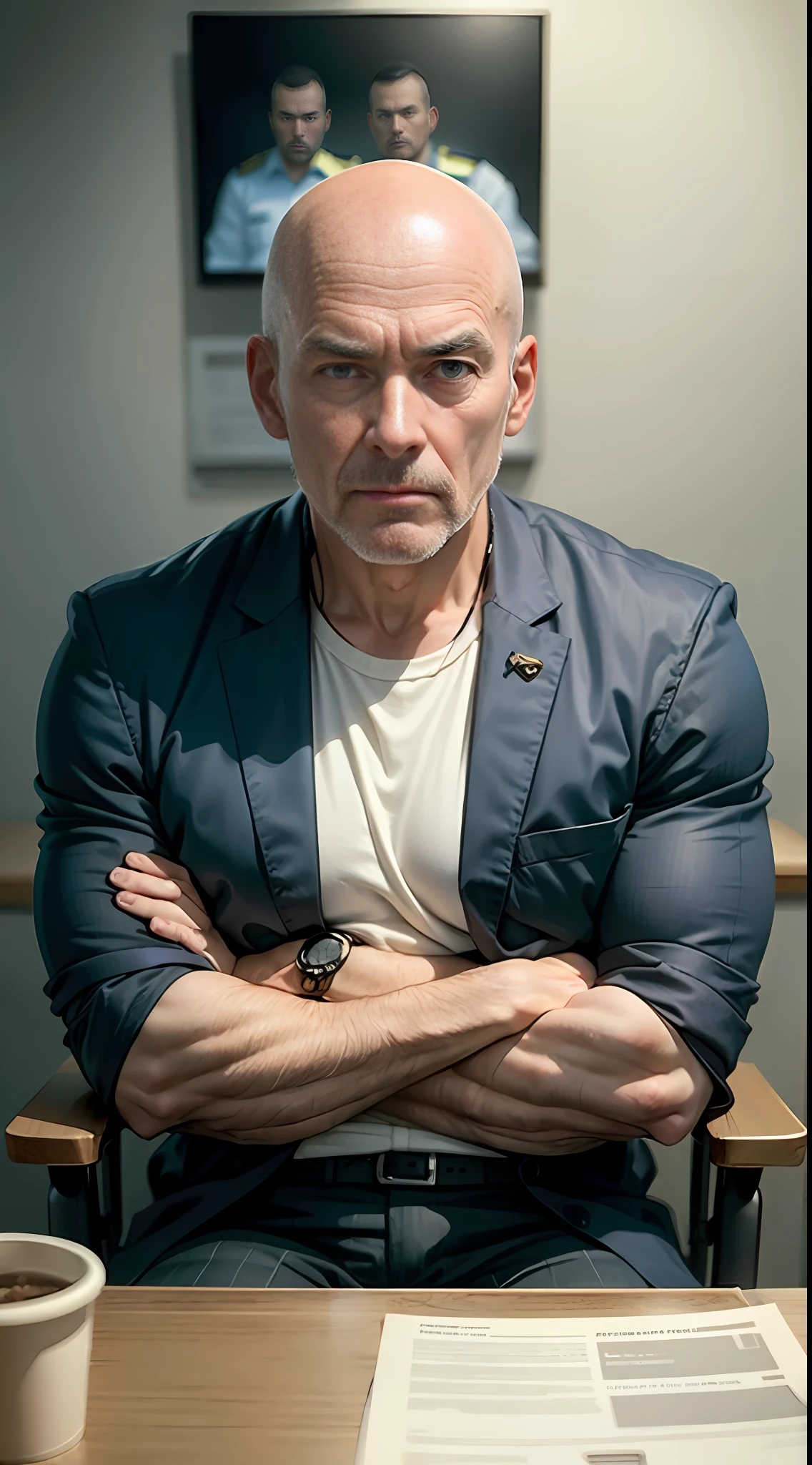 68 year old half bald masculine man, normal clothes, serious look, manly, sitting in police station, talking with police officer