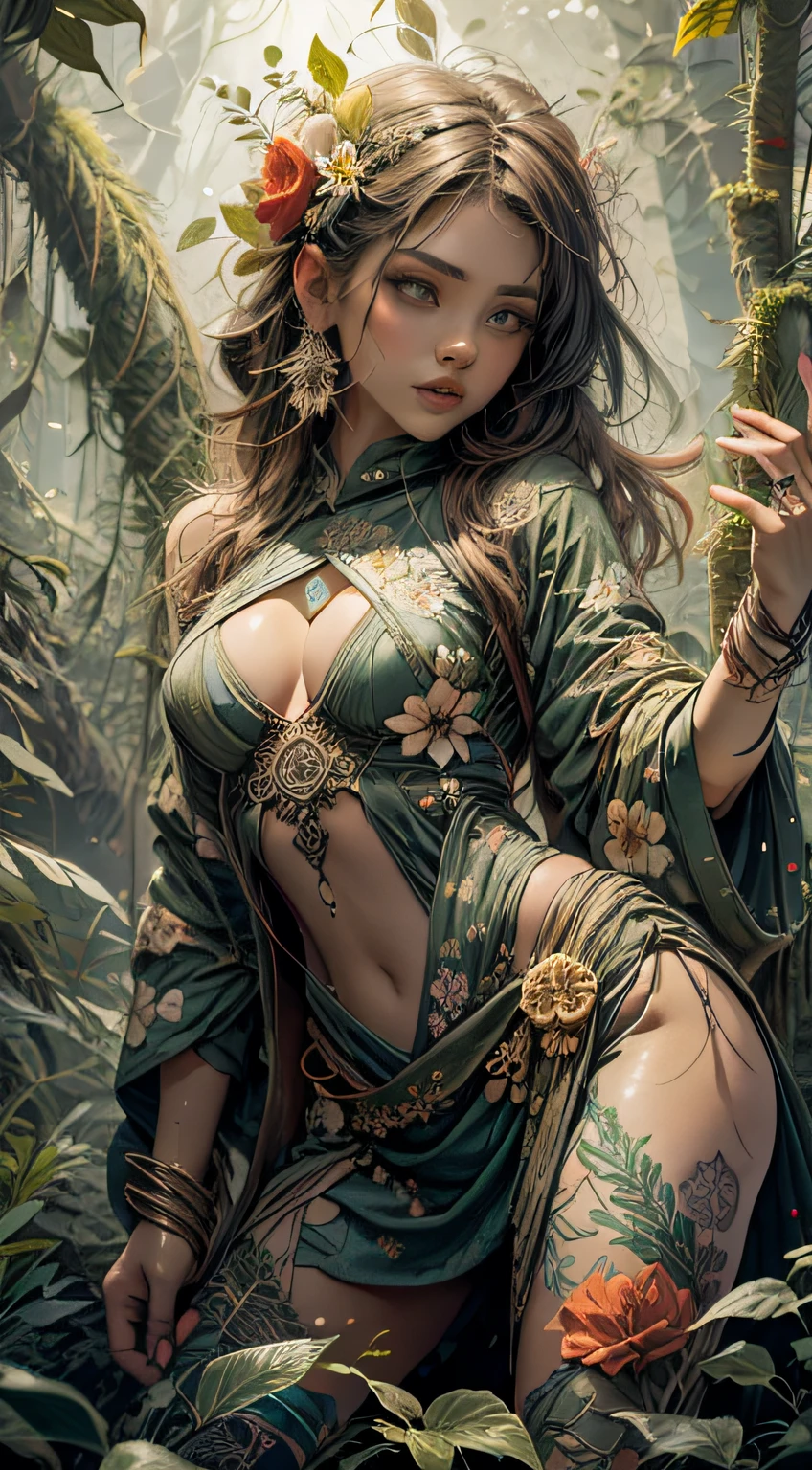 1sexy girl with forest clothes, flowers, leaves, mandalas, fractal, full female body,