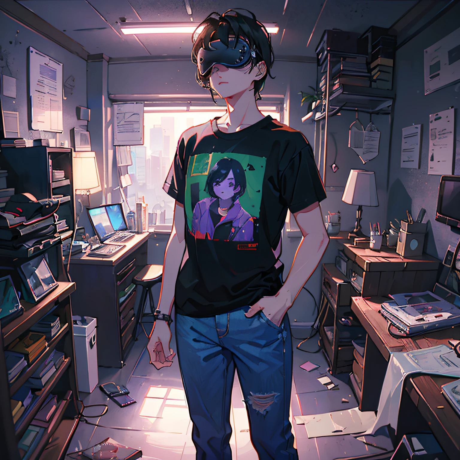((cyberpunk)), (night, dark room), (((VR goal held with both hands))))), (green light in the room)), ((purple light from outside)), (masterpiece), (best quality), (super detailed), (disheveled hair), (illustration), (1 young man), (white t-shirt and jeans), standing in front of a desk, delicate figure, (standing), (simple background), detailed eyes, tired face, sober face, (high saturation), (dark night), men's room, poor room, focus on face, black hair, bangs, room messy with cartoons, boys, anime, watching viewer, very detailed, short black hair, full body, rustic boy, best quality, super detailed, sad, tired, messy room