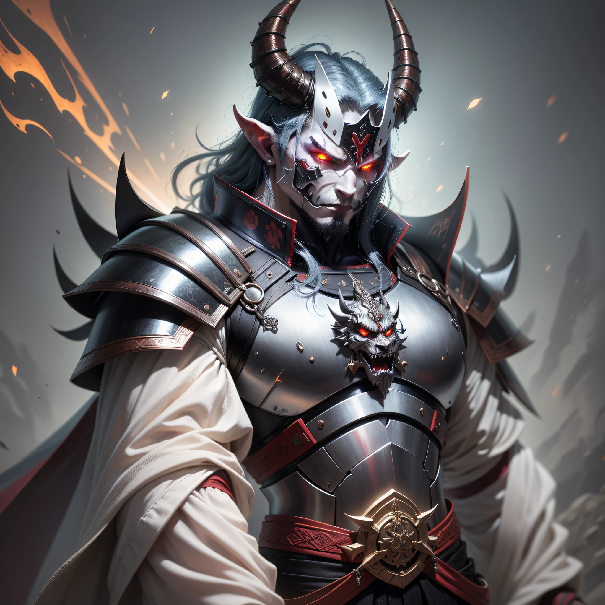 samurai demon with horns and a sword, demon samurai, demon samurai warrior, demonic dragon inspired armor, fit male demon with white horns, demon armor, black bull samurai, hyperdetailed fantasy character, samurai with demon mask, cyborg samurai, 4k, 8k