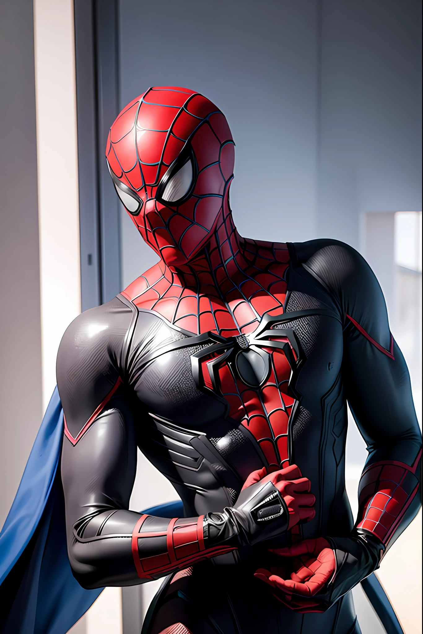 Marvel's grim portrait of Bloody Spider-Man with intricate angular cybernetic implants inside a brutalist building, gothic brutalist cathedral, cyberpunk, foto premiada, bokeh, neon lights, cybernetic limb