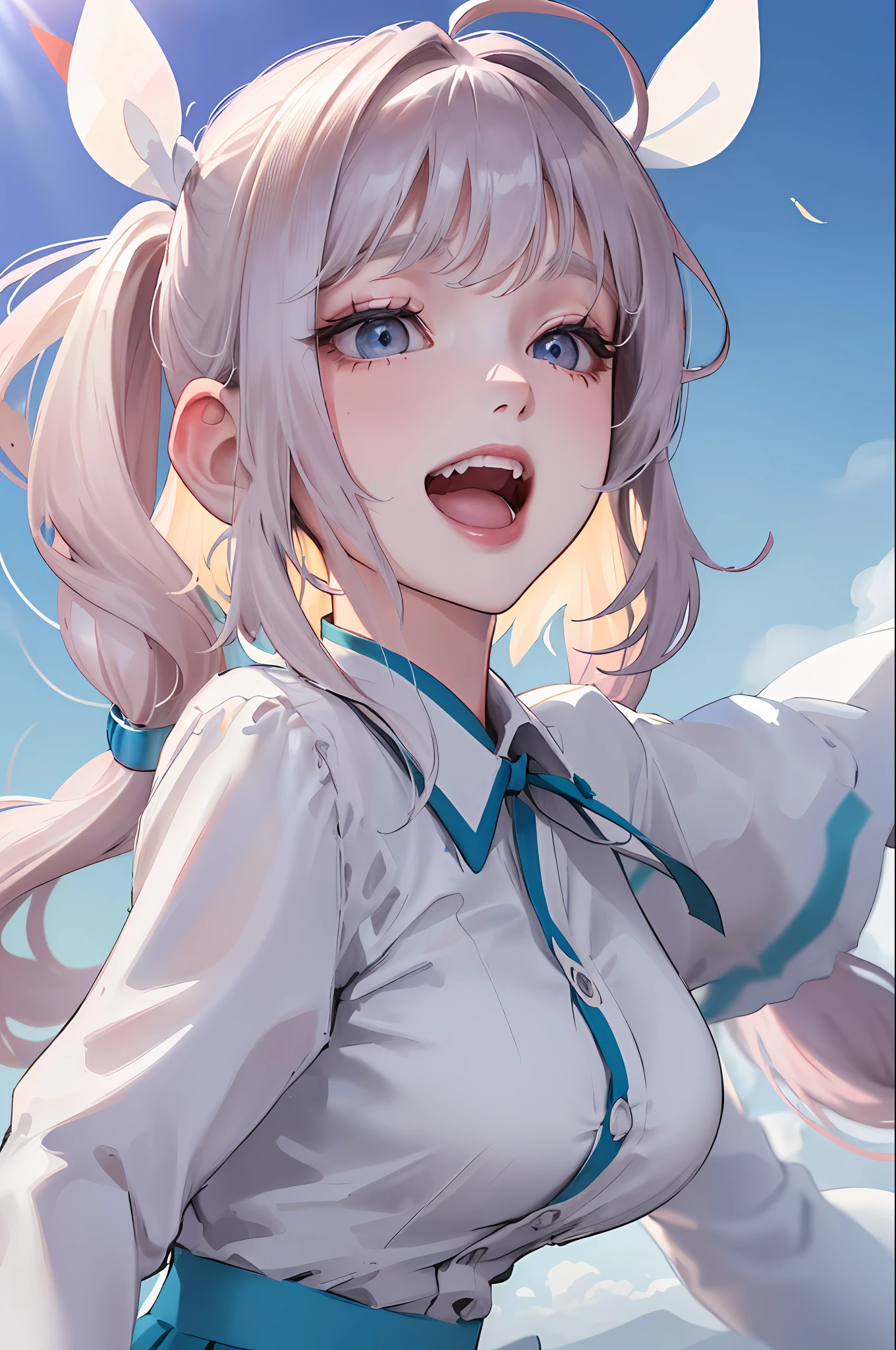 Official Art, Masterpiece, Sharp Focus, (Beautiful Gorgeous Cute Korean Woman: 1.3), (Beautiful Cute Korean: 1.3), Korean Beauty, Delicate Beautiful Hair and Eyes and Face, Realistic, Ultra Detailed, Beautiful Girl, Blue Sky, Glow White Particles, (Side Lighting: 1.2), Sunlight, White Clouds, Delicate Clouds, Slender, Cute Big Breasts Big Buttocks, Toothy Laugh, ((Laughing with Eyes Open)), Long Straight Hair, Sexy Facial Expressions, Dynamic Hair, Long Straight Hair, delicate platinum-pink hair, glowing blue eyes, (blue pleated shirt + white skirt), white stockings, pale skin, hair accessories