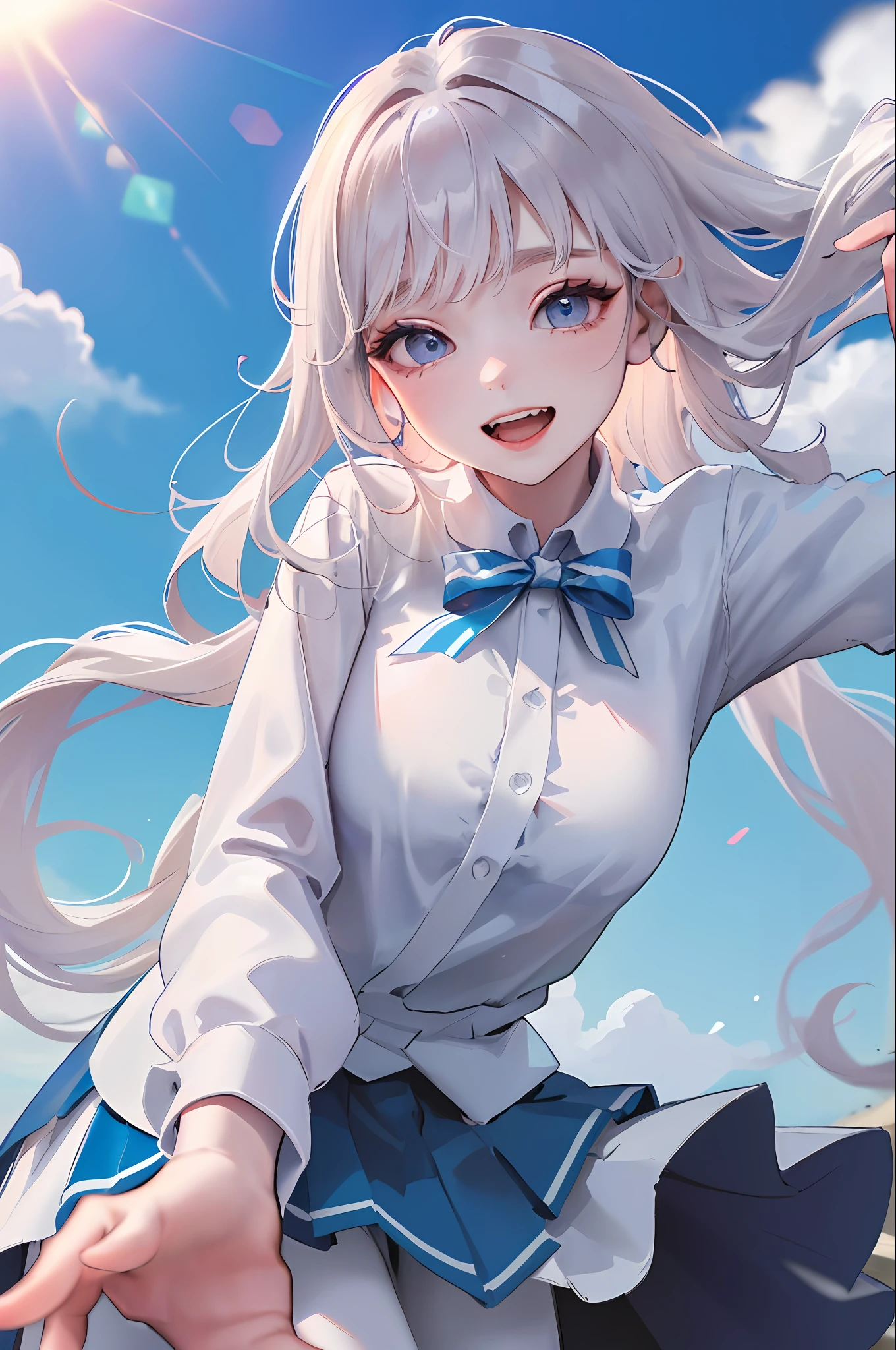 Official Art, Masterpiece, Sharp Focus, (Beautiful Gorgeous Cute Korean Woman: 1.3), (Beautiful Cute Korean: 1.3), Korean Beauty, Delicate Beautiful Hair and Eyes and Face, Realistic, Ultra Detailed, Beautiful Girl, Blue Sky, Glow White Particles, (Side Lighting: 1.2), Sunlight, White Clouds, Delicate Clouds, Slender, Cute Big Breasts Big Buttocks, Toothy Laugh, ((Laughing with Eyes Open)), Long Straight Hair, Sexy Facial Expressions, Dynamic Hair, Long Straight Hair, delicate platinum-pink hair, glowing blue eyes, (blue pleated shirt + white skirt), white stockings, pale skin, hair accessories