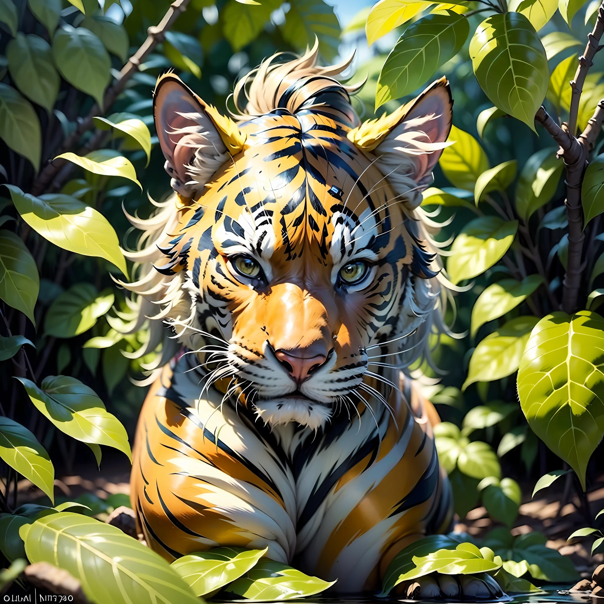Tigre meditando em uma selva densa, He wears headdress with colored feathers on his head,,olhando de frente, Front body for camera, around it many wet foliage after heavy rain,,((obra-prima)), Arte premiada