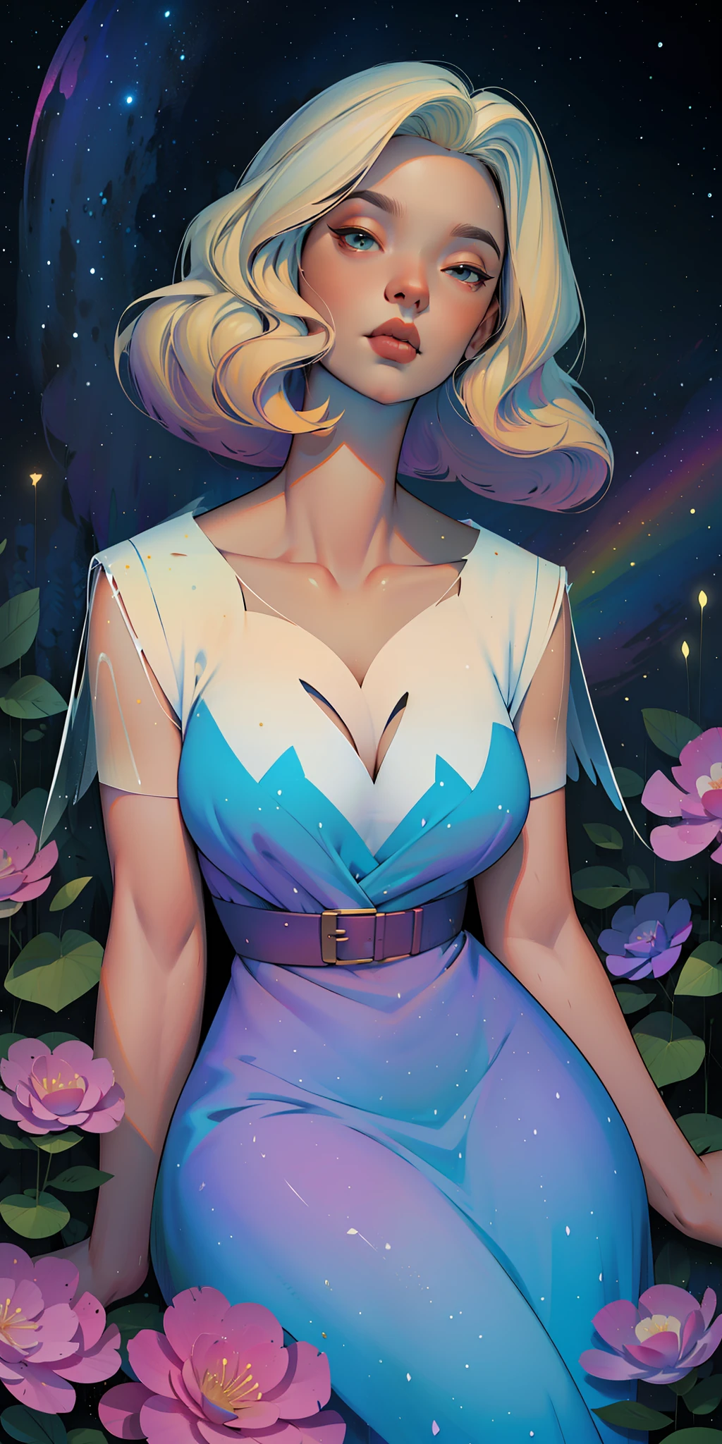 a goddess, A glorious sunrise, aura, glow, multi-colored bright aurora borealis, Spectrum Rainbow,Colored Angel Wings, feathers, In a chic, lavender white mint hair,  pastel, mixed-language_SMS, (beautiful and clear background:1.2),, fantastic paintings , olhos altamente detalhados, crystals,   outer space, galaxy, Gorgeous hair, Background Flora Peony, poppy, hydrangea, Plants. Loving. Love. ultra detailed hair, Best Quality, hig quality, highly resolution, detail enhancement, ((most beautiful image in the world)), Masterpiece, Best Quality, High Quality Detail Enhancement, ((most beautiful image ), Shiny hair, ultra chic polka dot dress, Print, Stampa Flores, art by stjepan sejic, art by j scott campbell, art by guillem march, art by citemer liu, 4k, highly resolution, comic book character, comic, high quality detailed,   style of ::2.0 comix illustration style,tatoon style, hig quality, highly resolution, detail enhancement, 8K, HD, Best Quality, hig quality, highly resolution, detail enhancement, 8K, HDR, Sharp focus, Ultra Detailed, perfect illumination, Curvy Body, Lush breasts, Curvy hips, Sits, sparks, Stars, The Cycle of the Stars